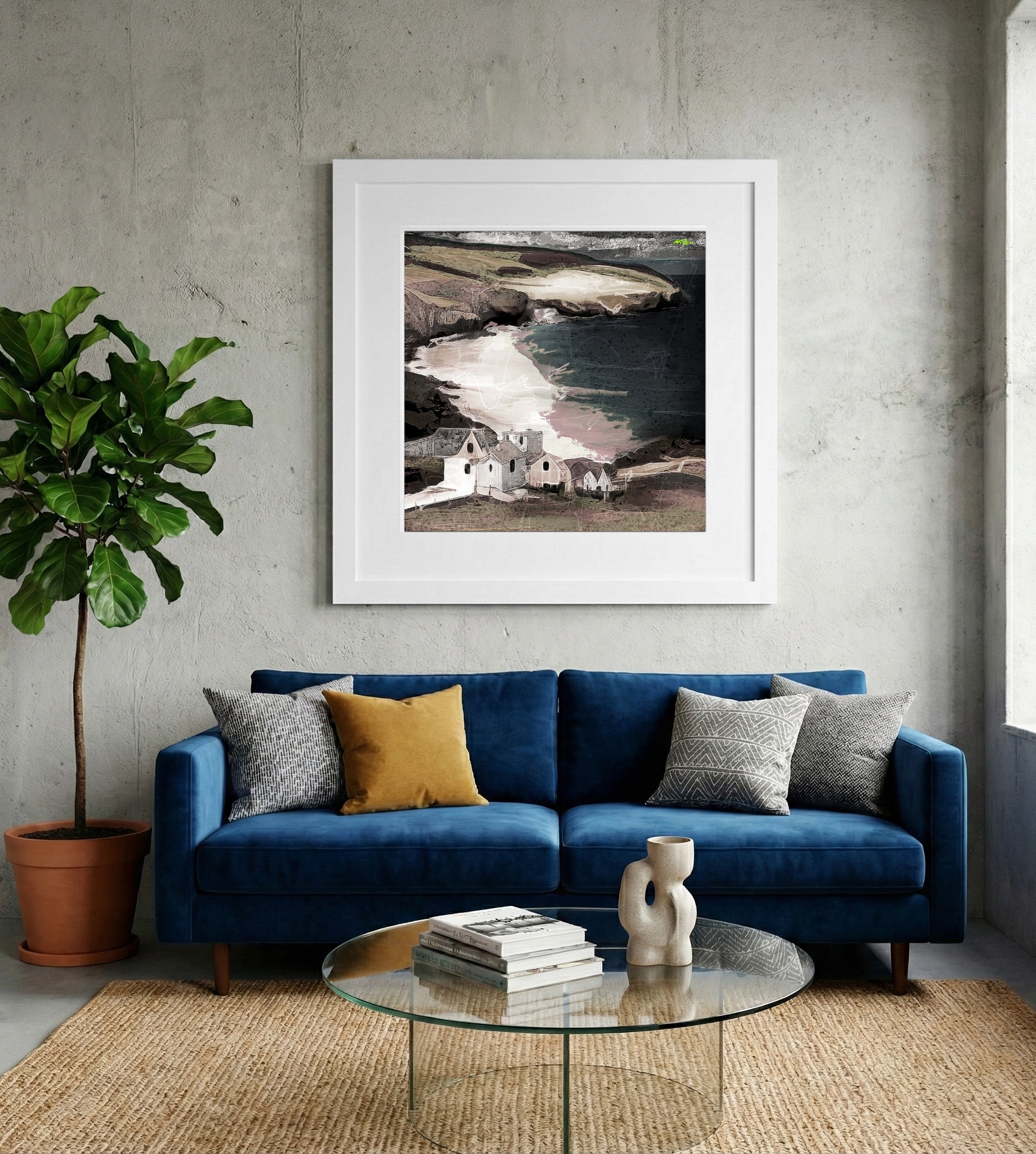 Calm Beige and Grey House at the Cliff — art on the wall, room interior preview 2