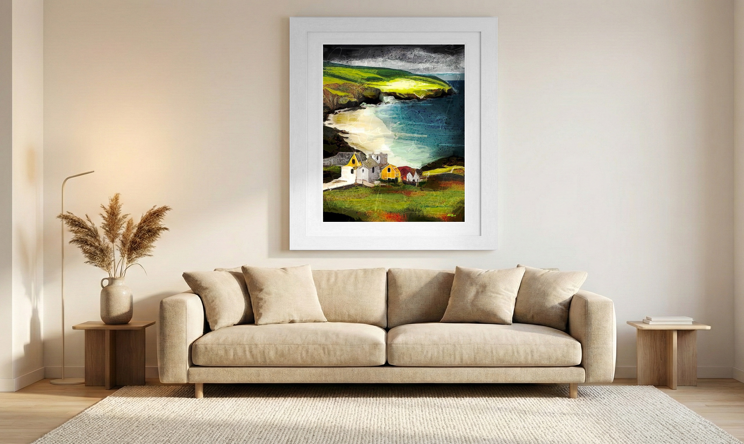 Sunlit Cliffs and Colorful Houses — art on the wall, room interior preview 1