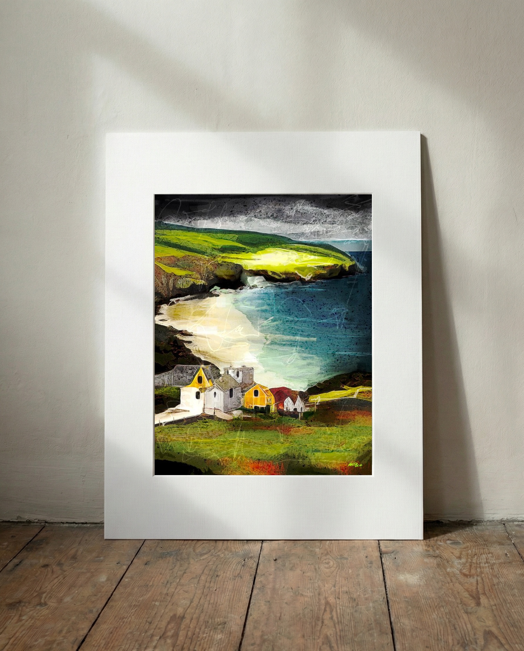 Sunlit Cliffs and Colorful Houses — art on the wall, room interior preview 3