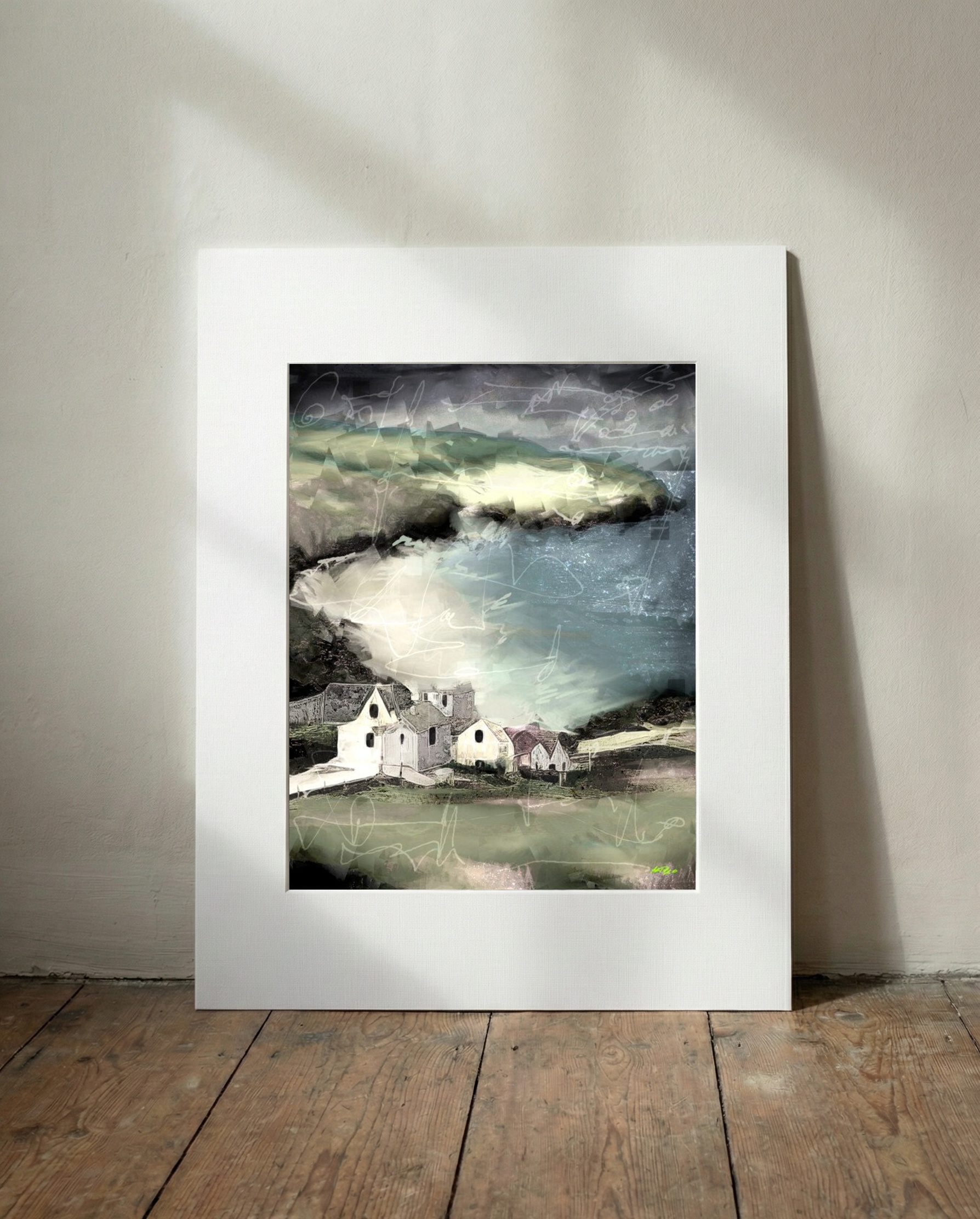 Moody Cliffs with White Houses — art on the wall, room interior preview 3