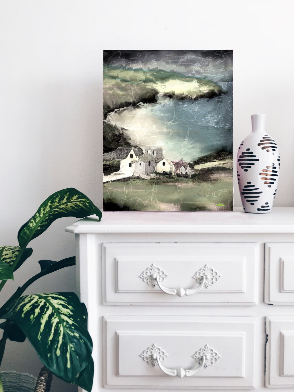 Moody Cliffs with White Houses — art on the wall, room interior preview 2