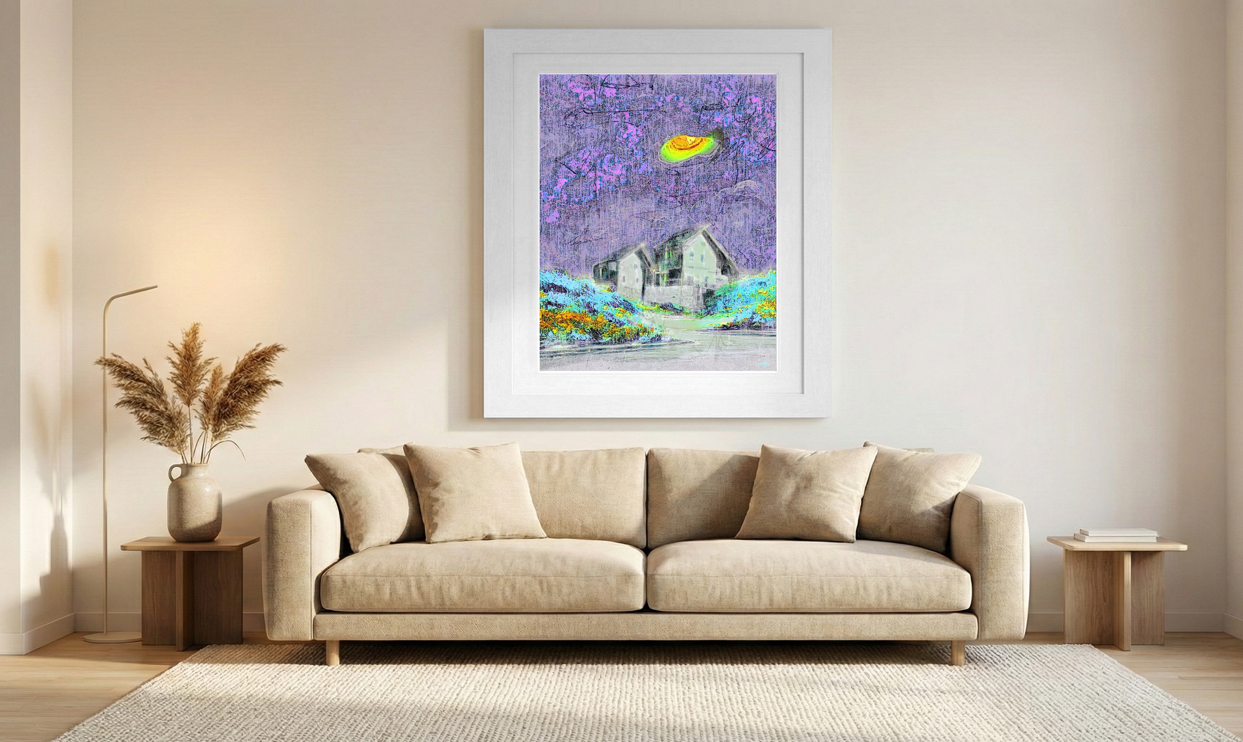 Surreal Blue-Green House on Abstract Background — art on the wall, room interior preview 1