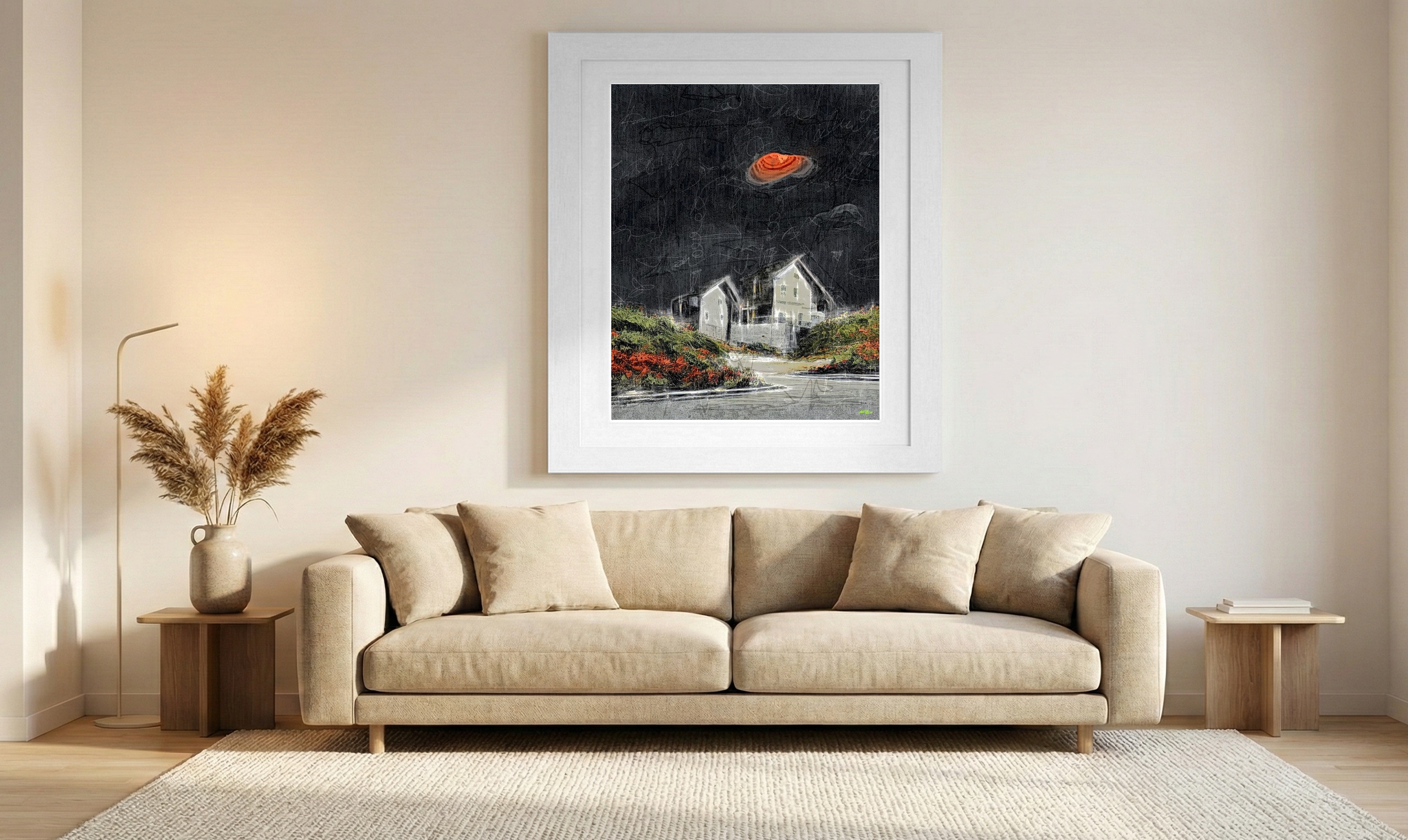 Nighttime House Under an Orange Moon — art on the wall, room interior preview 1