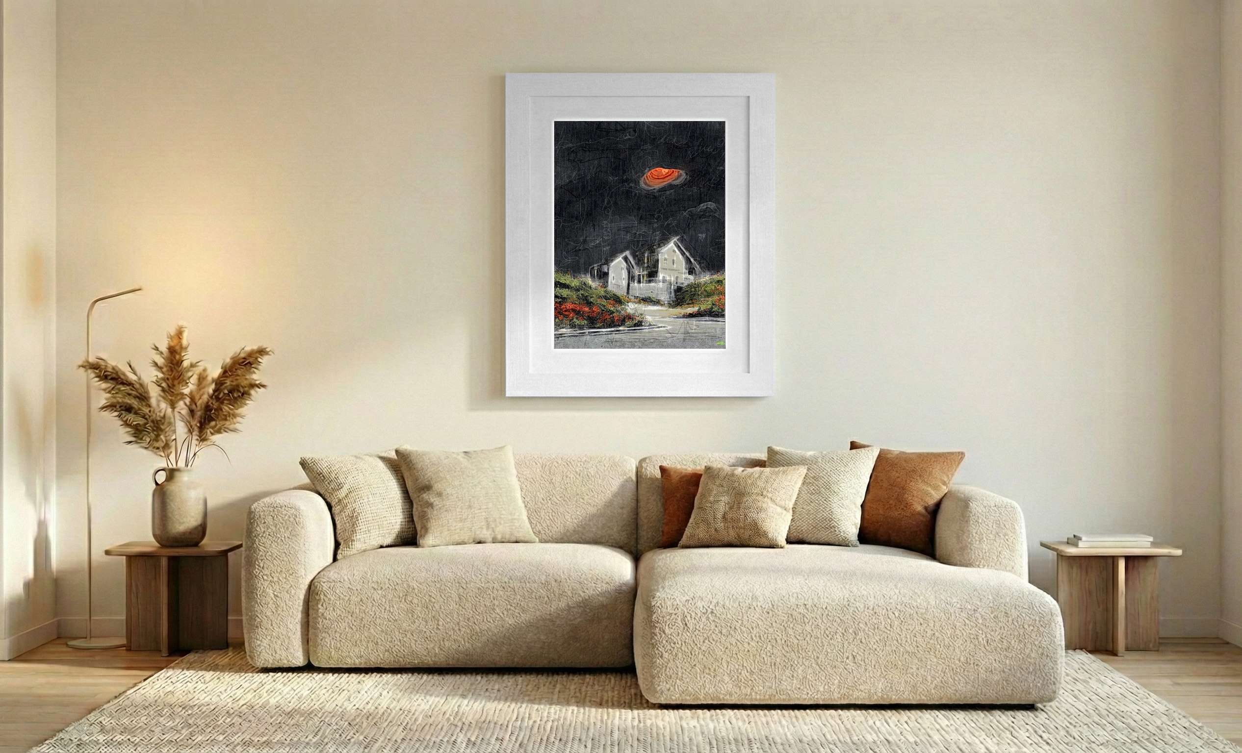 Nighttime House Under an Orange Moon — art on the wall, room interior preview 2