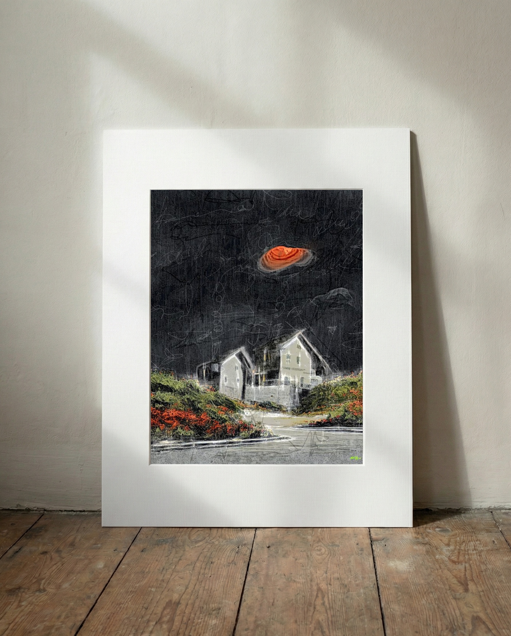 Nighttime House Under an Orange Moon — art on the wall, room interior preview 3