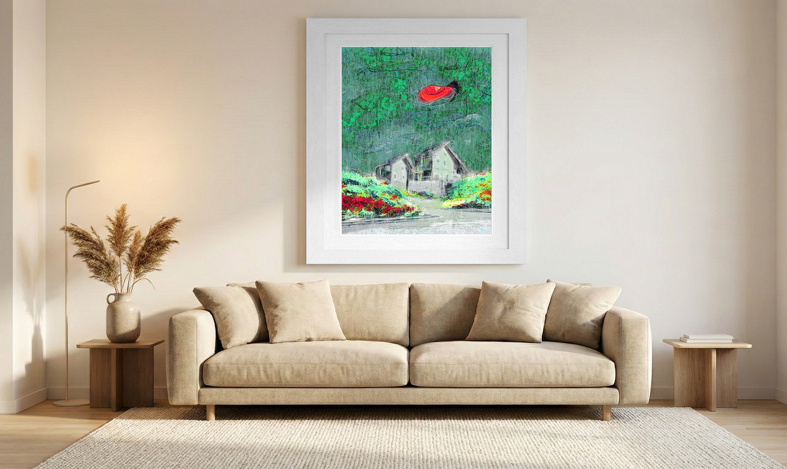 Vibrant Greens and Reds in Irish House Scene — art on the wall, room interior preview 1