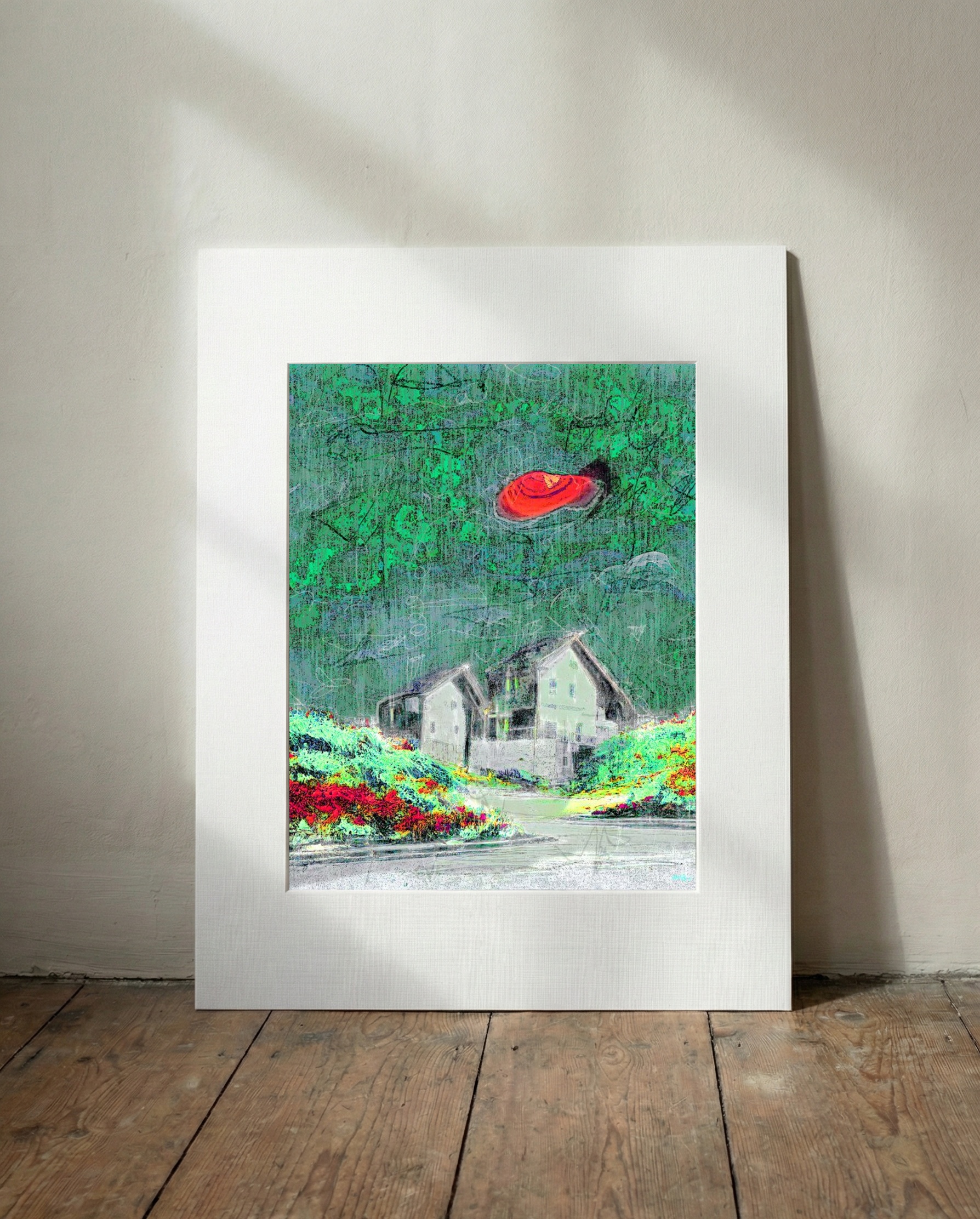 Vibrant Greens and Reds in Irish House Scene — art on the wall, room interior preview 3