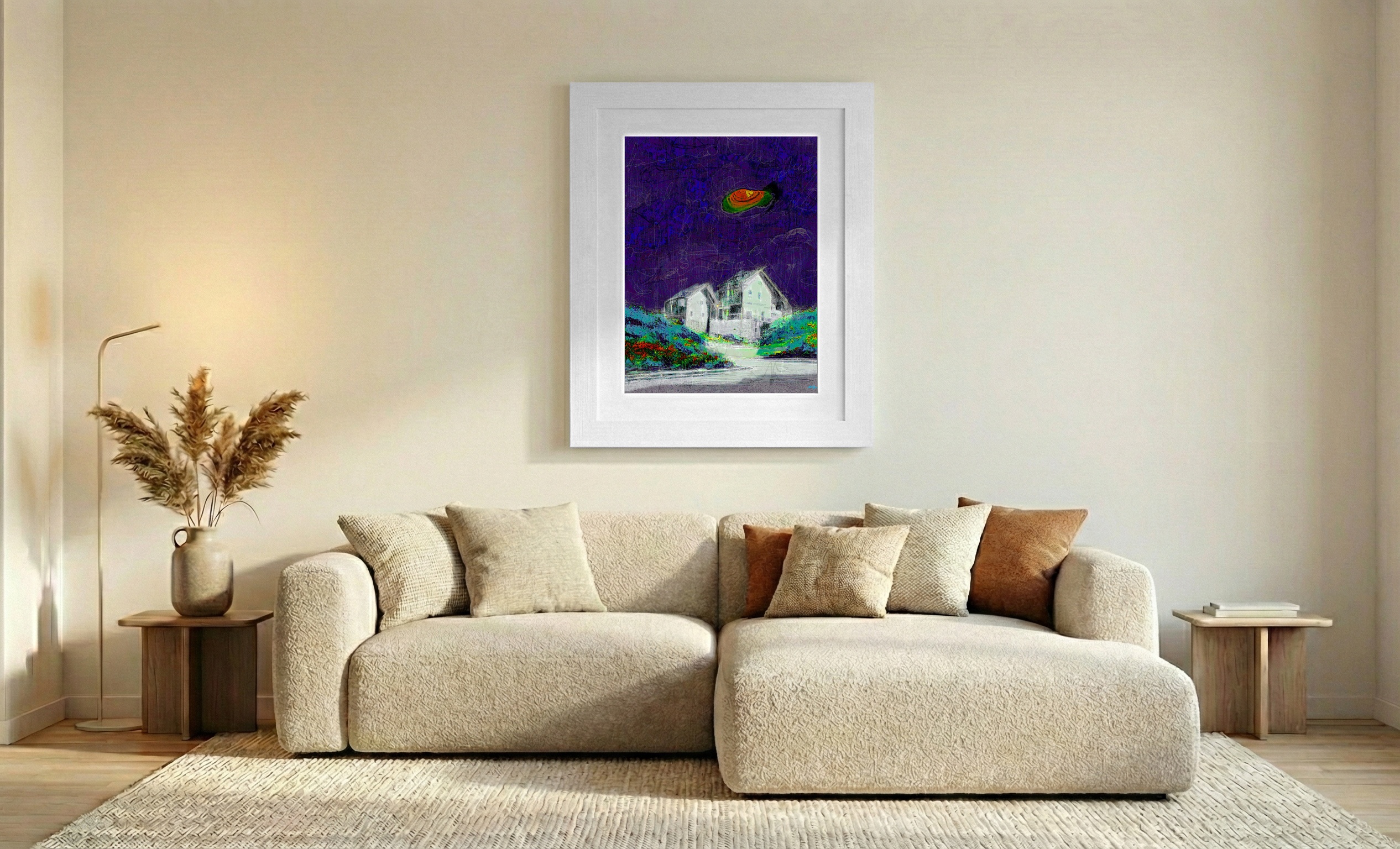 Lilac Skies Over Coastal Houses — art on the wall, room interior preview 2