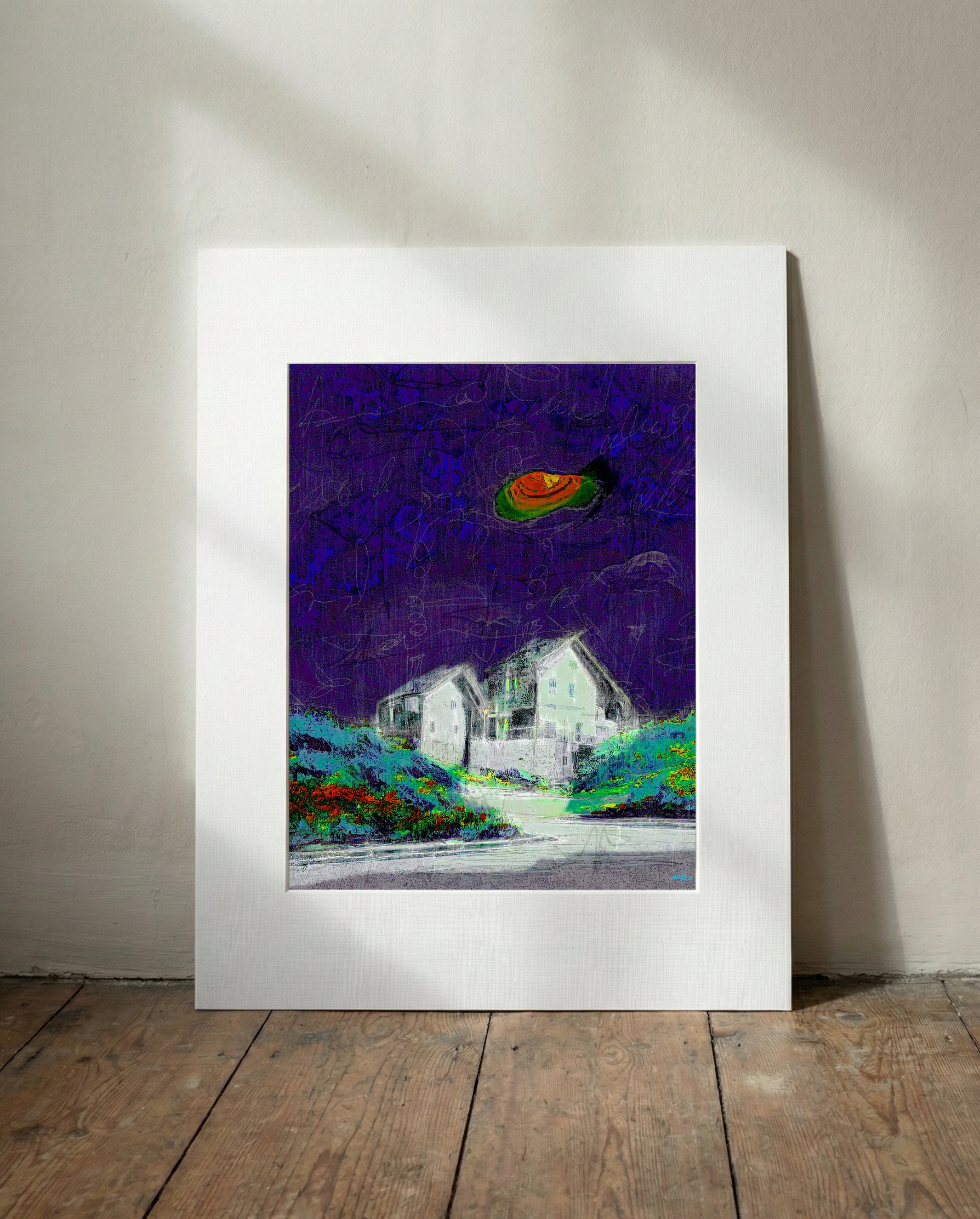 Lilac Skies Over Coastal Houses — art on the wall, room interior preview 3
