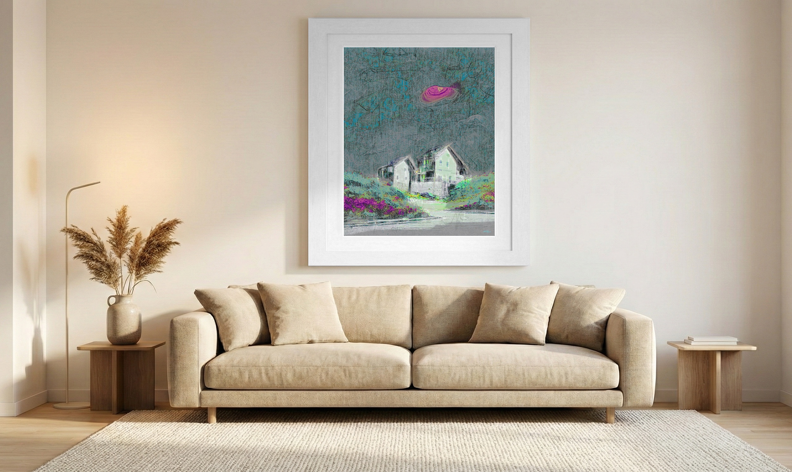 Pale Houses Amidst Emerald Hills — art on the wall, room interior preview 1