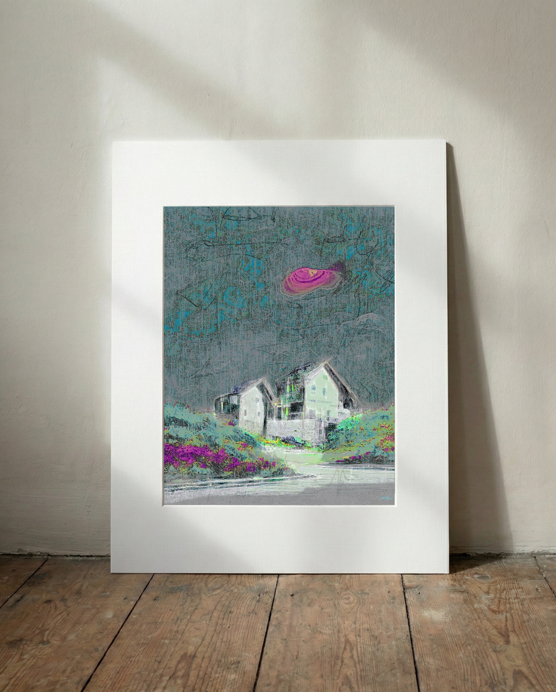 Pale Houses Amidst Emerald Hills — art on the wall, room interior preview 3