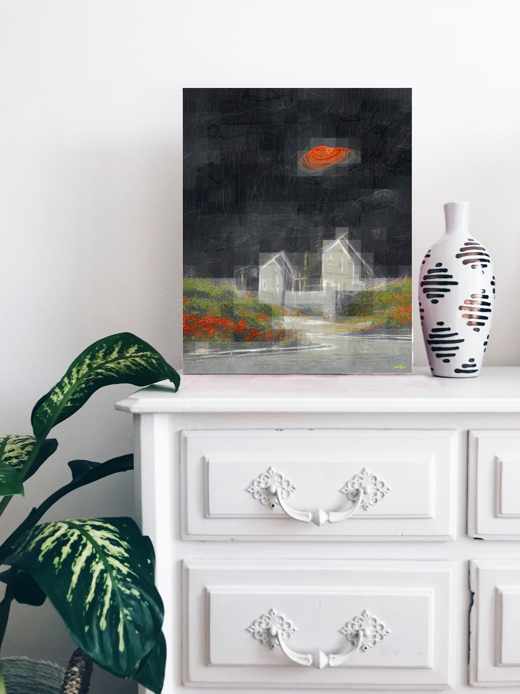 Orange Moonlit Seaside House Digital Art — art on the wall, room interior preview 2