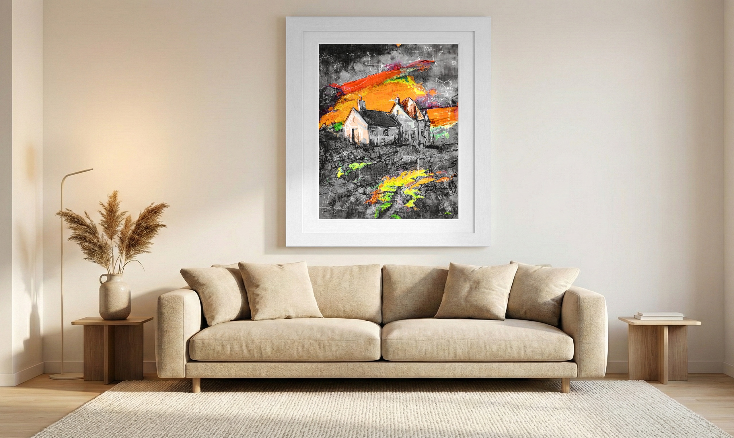 Vivid Greens and Oranges in Abstract Landscape — art on the wall, room interior preview 1