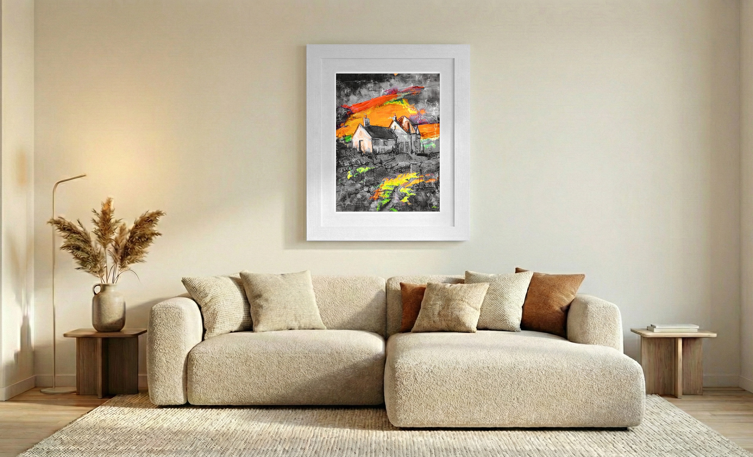 Vivid Greens and Oranges in Abstract Landscape — art on the wall, room interior preview 2