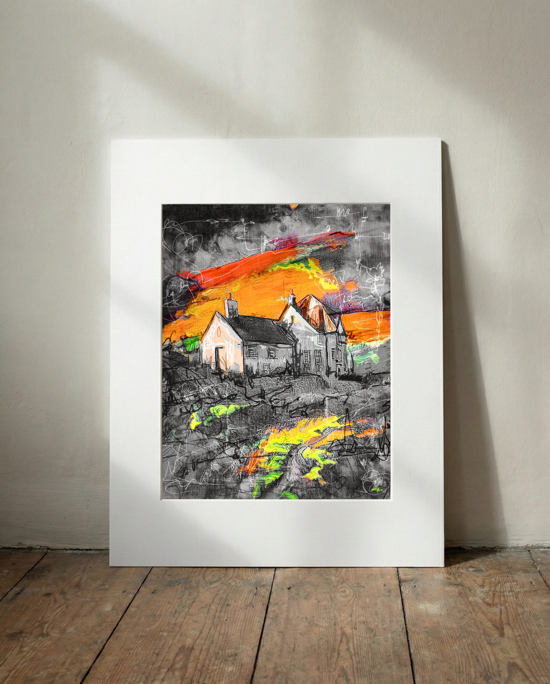 Vivid Greens and Oranges in Abstract Landscape — art on the wall, room interior preview 3
