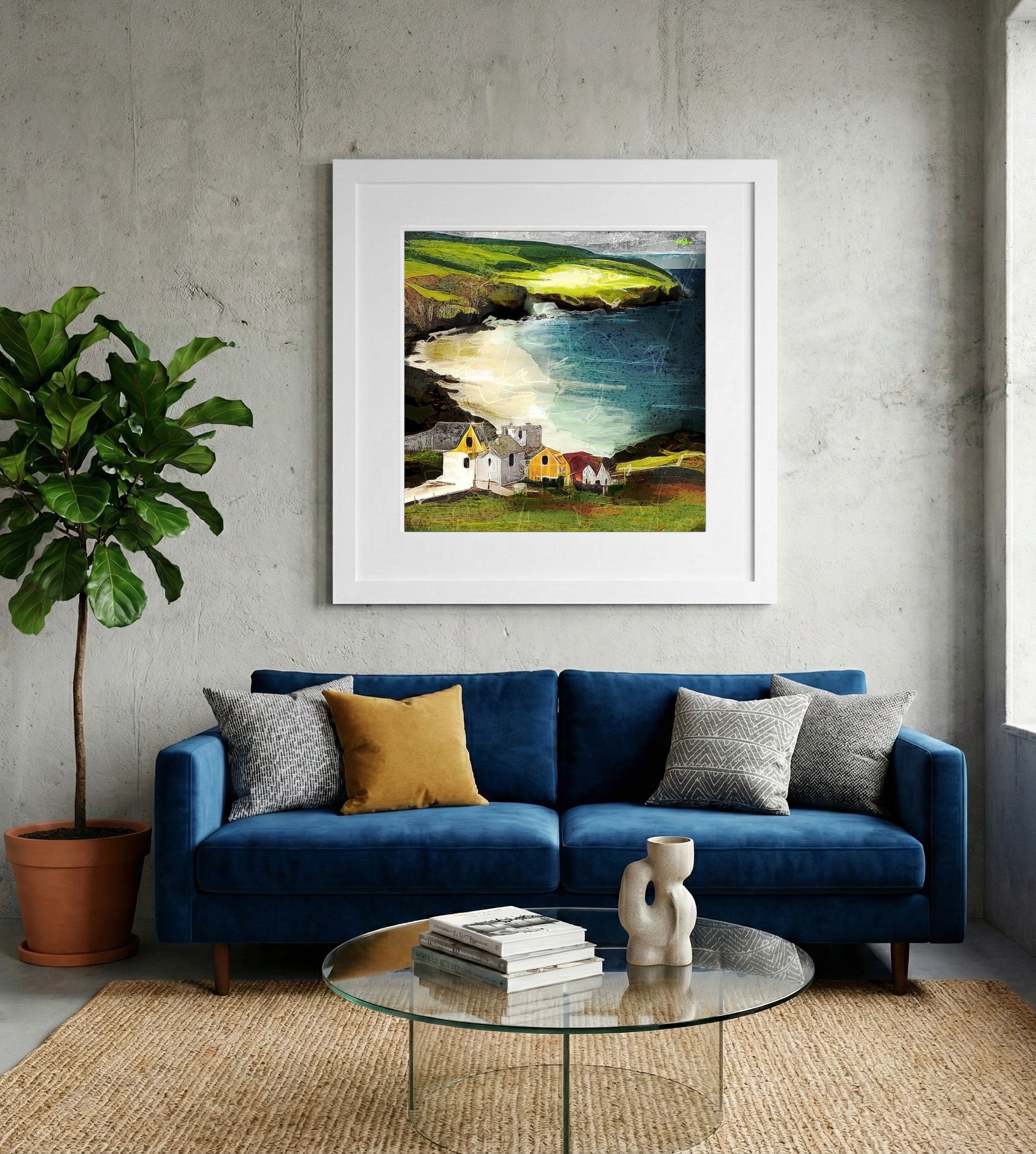 Bright Coastal Houses Against Rolling Hills — art on the wall, room interior preview 2
