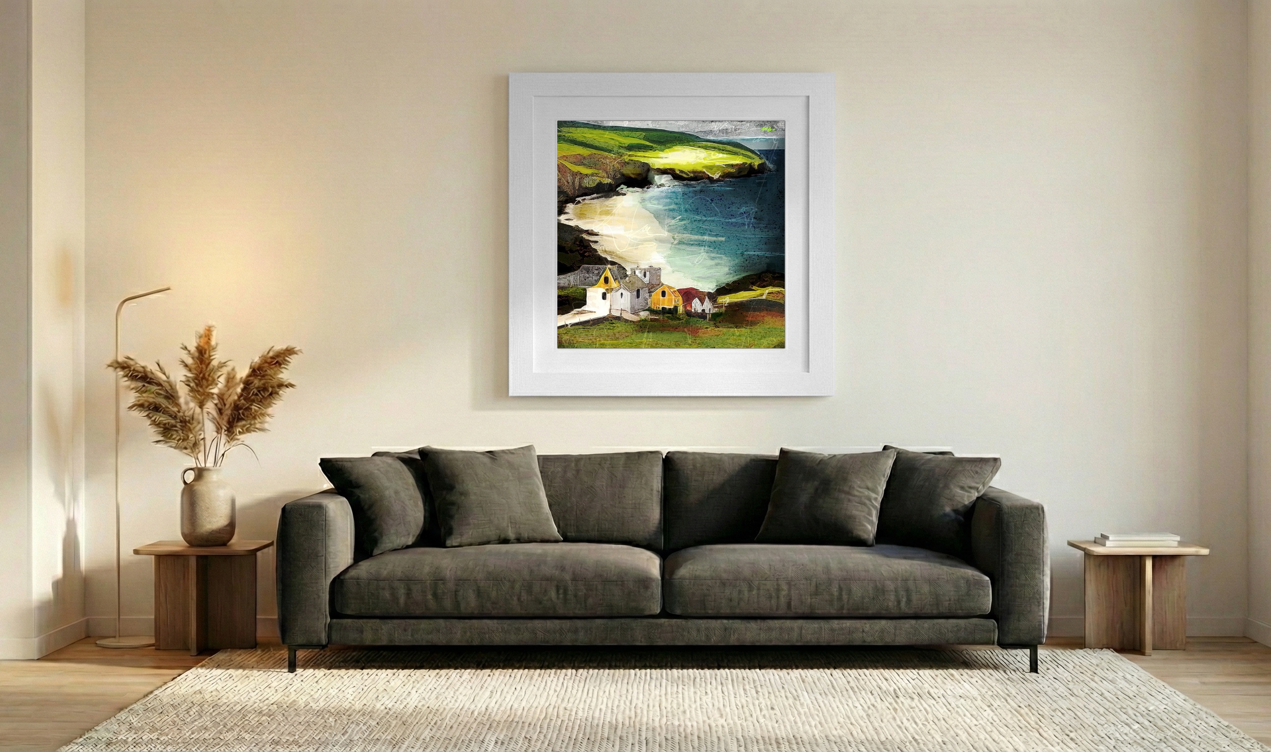 Bright Coastal Houses Against Rolling Hills — art on the wall, room interior preview 3
