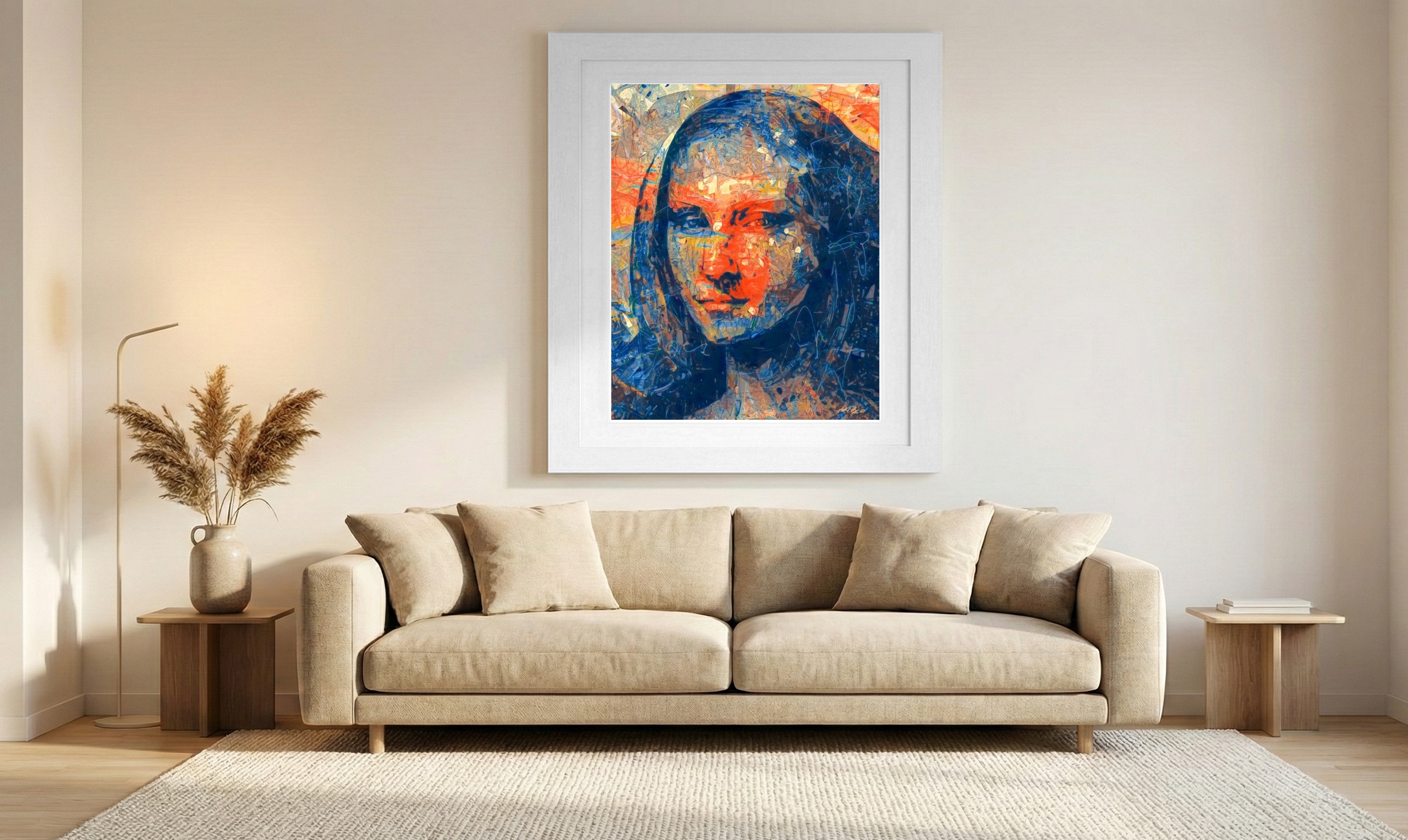 Engaging Portrait in Oranges and Blues — art on the wall, room interior preview 1
