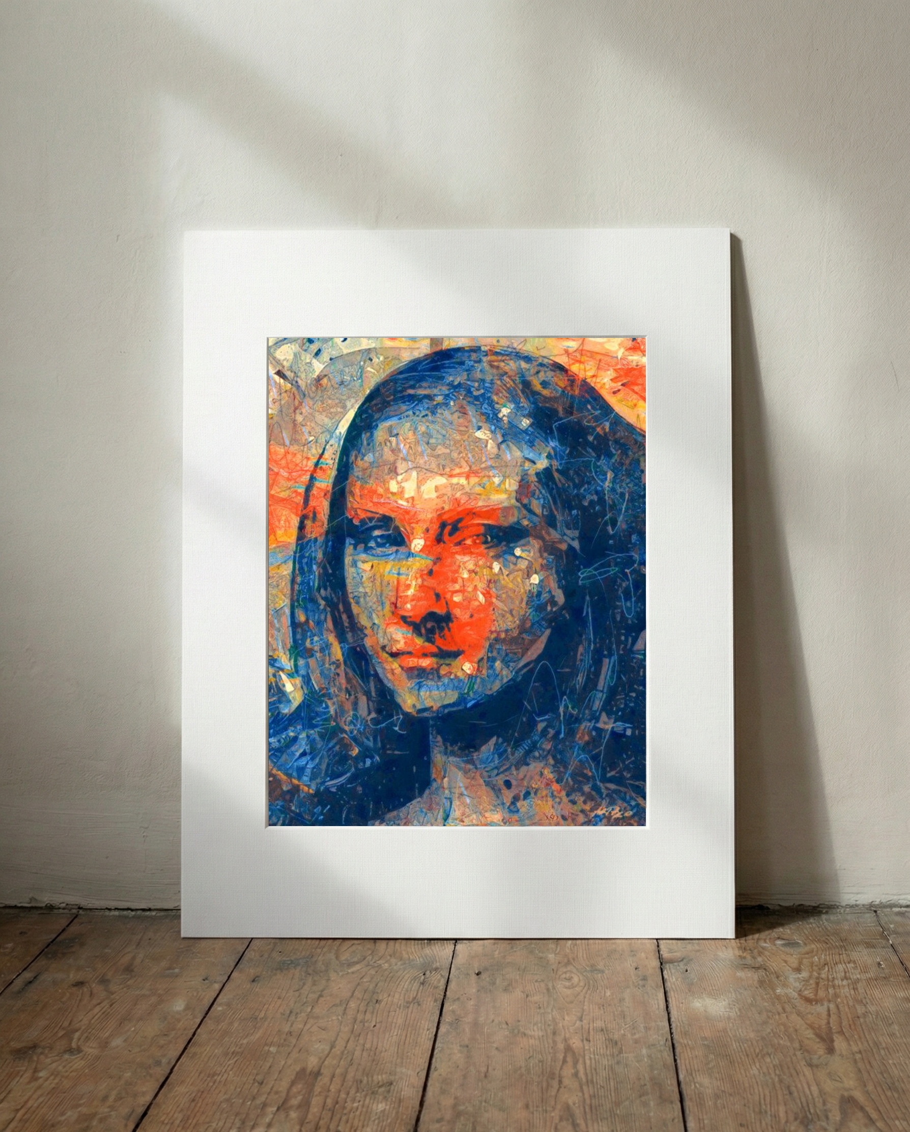 Engaging Portrait in Oranges and Blues — art on the wall, room interior preview 3