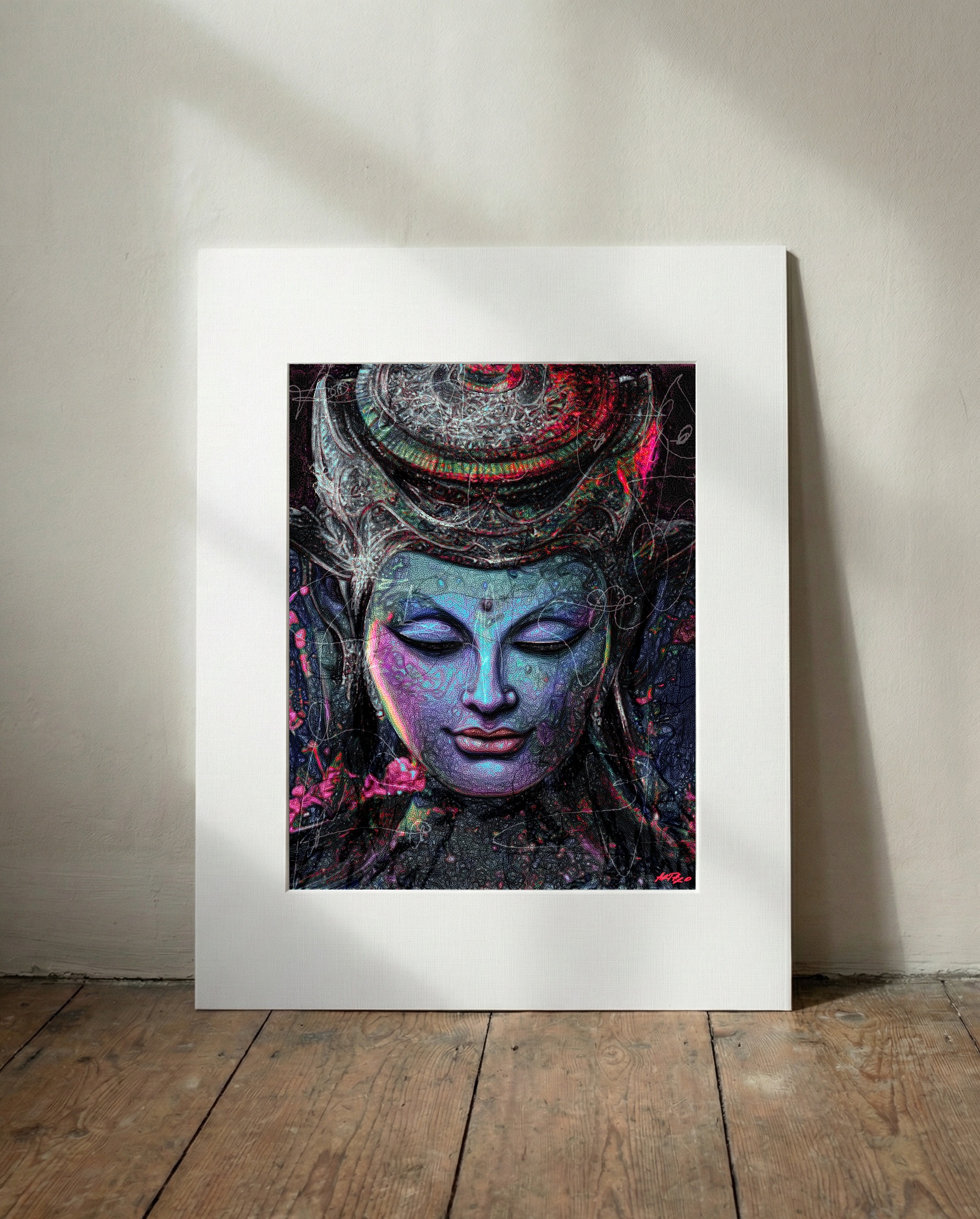 Dreamy Pink and Purple Buddha Digital Art — art on the wall, room interior preview 3
