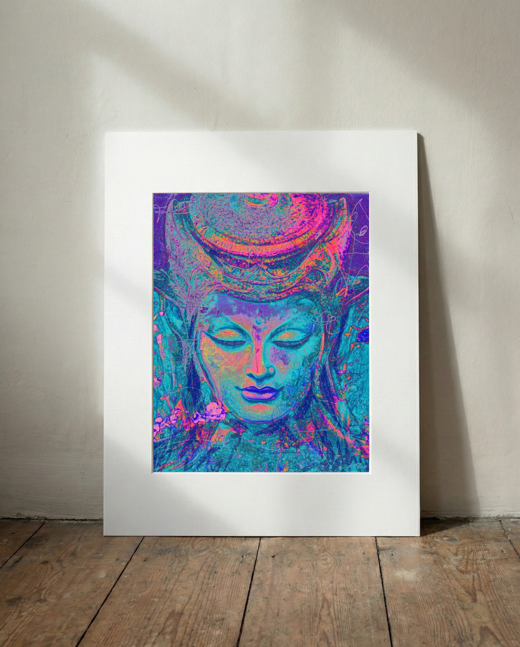 Pale Pink and Blue Buddha Digital Art — art on the wall, room interior preview 3