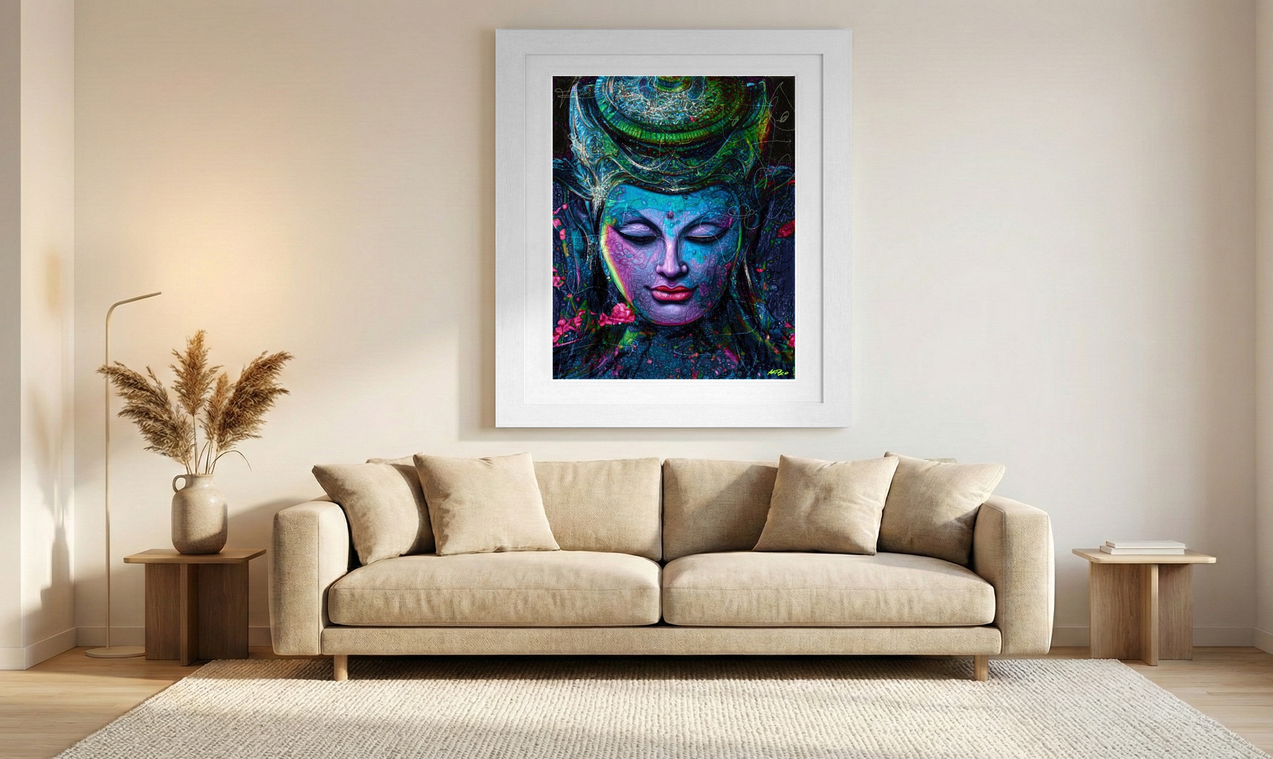 Vivid Blue Buddha Digital Art — art on the wall, room interior preview 1