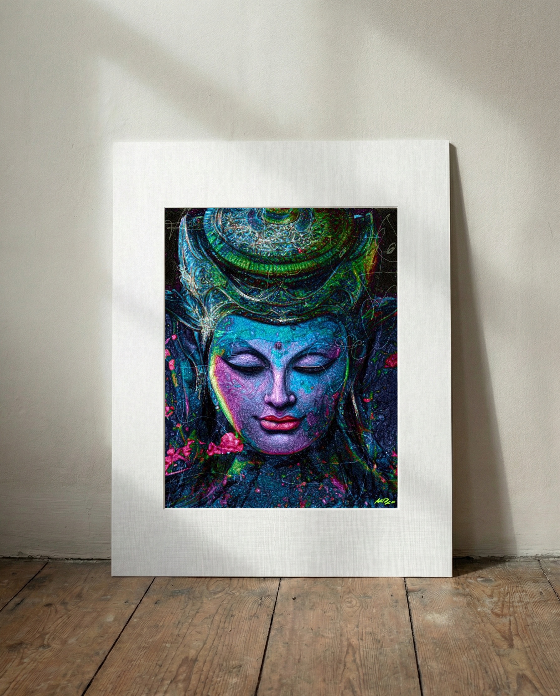 Vivid Blue Buddha Digital Art — art on the wall, room interior preview 3