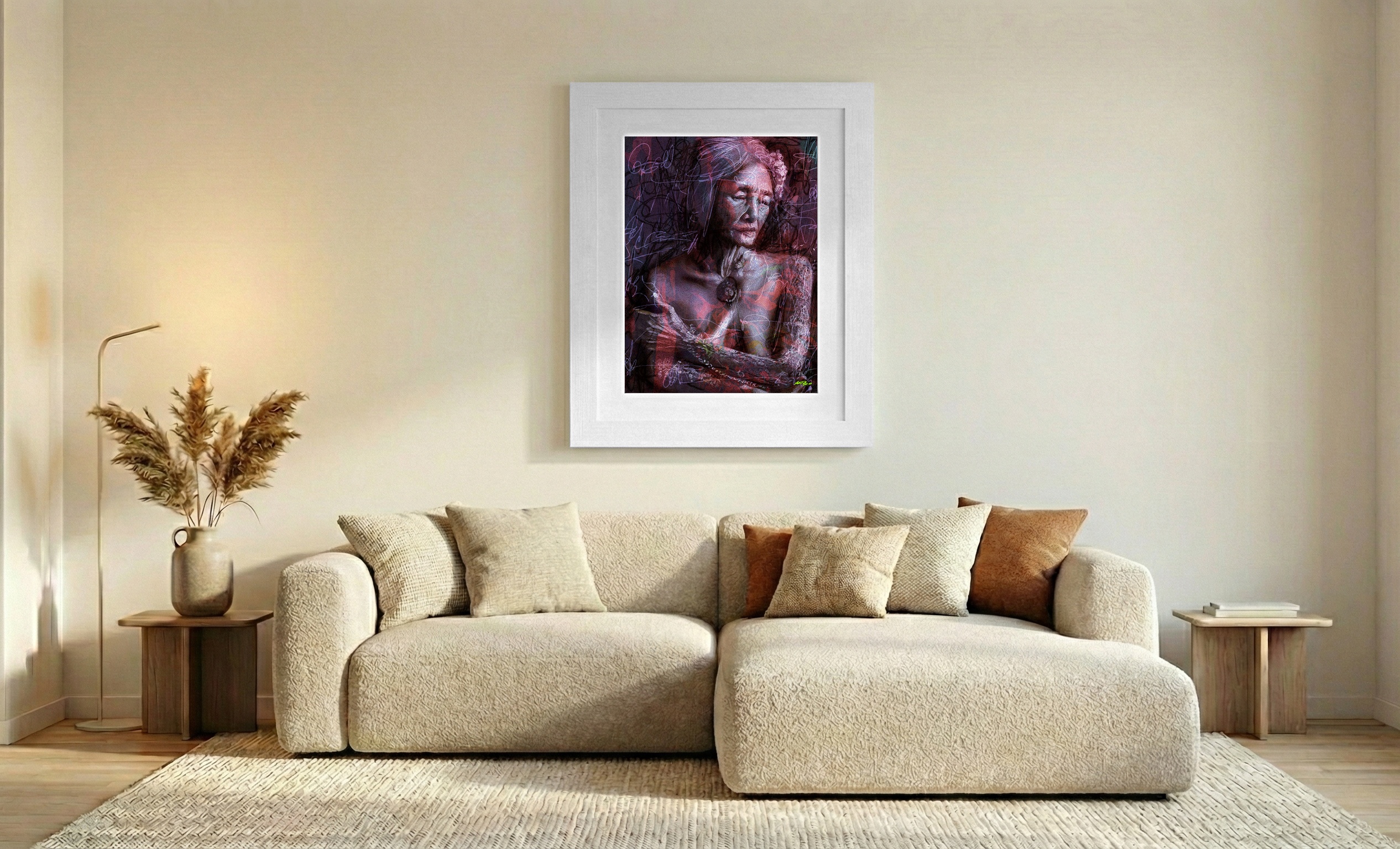 Lilac and Burgundy Portrait of a Native American Woman — art on the wall, room interior preview 2