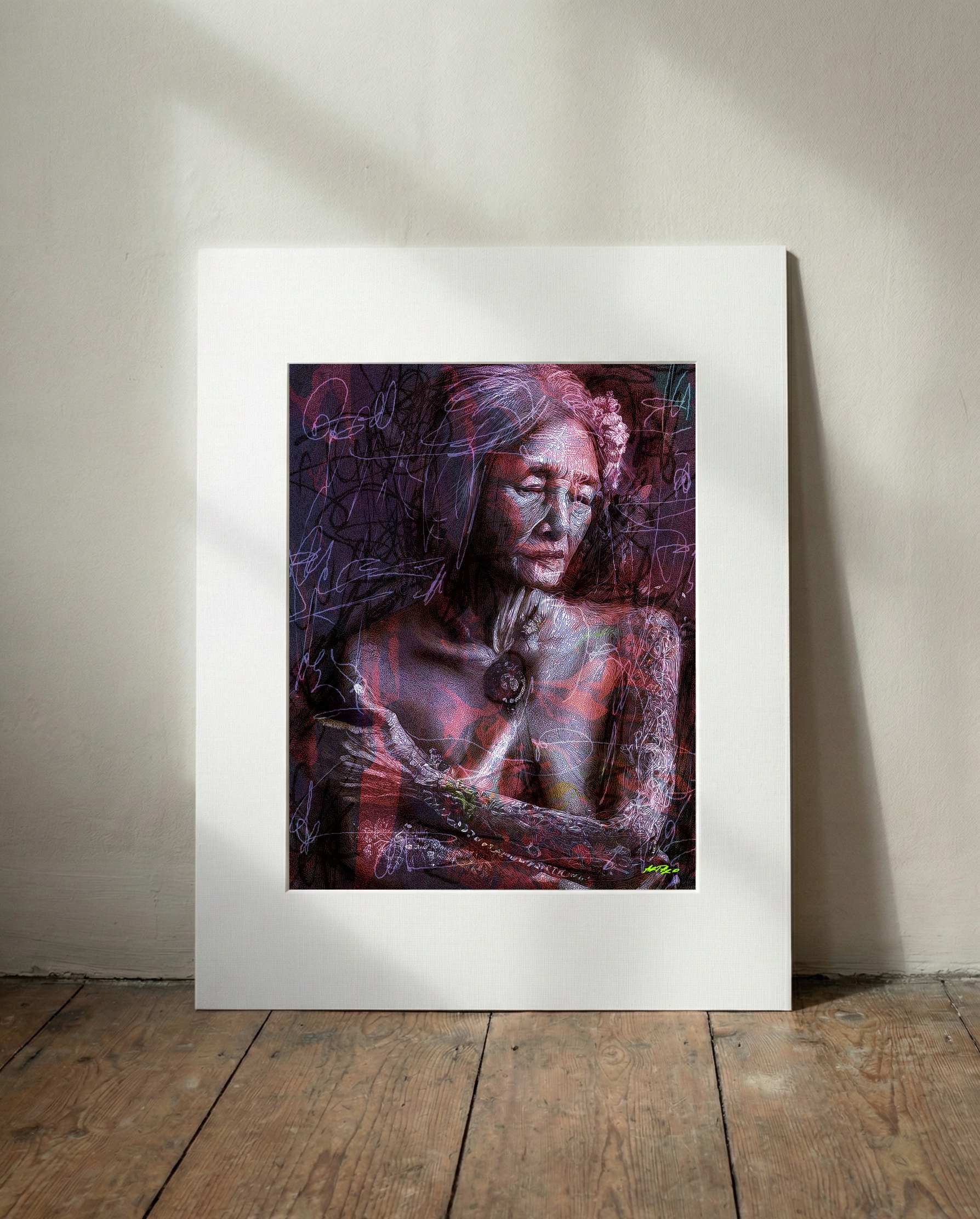 Lilac and Burgundy Portrait of a Native American Woman — art on the wall, room interior preview 3