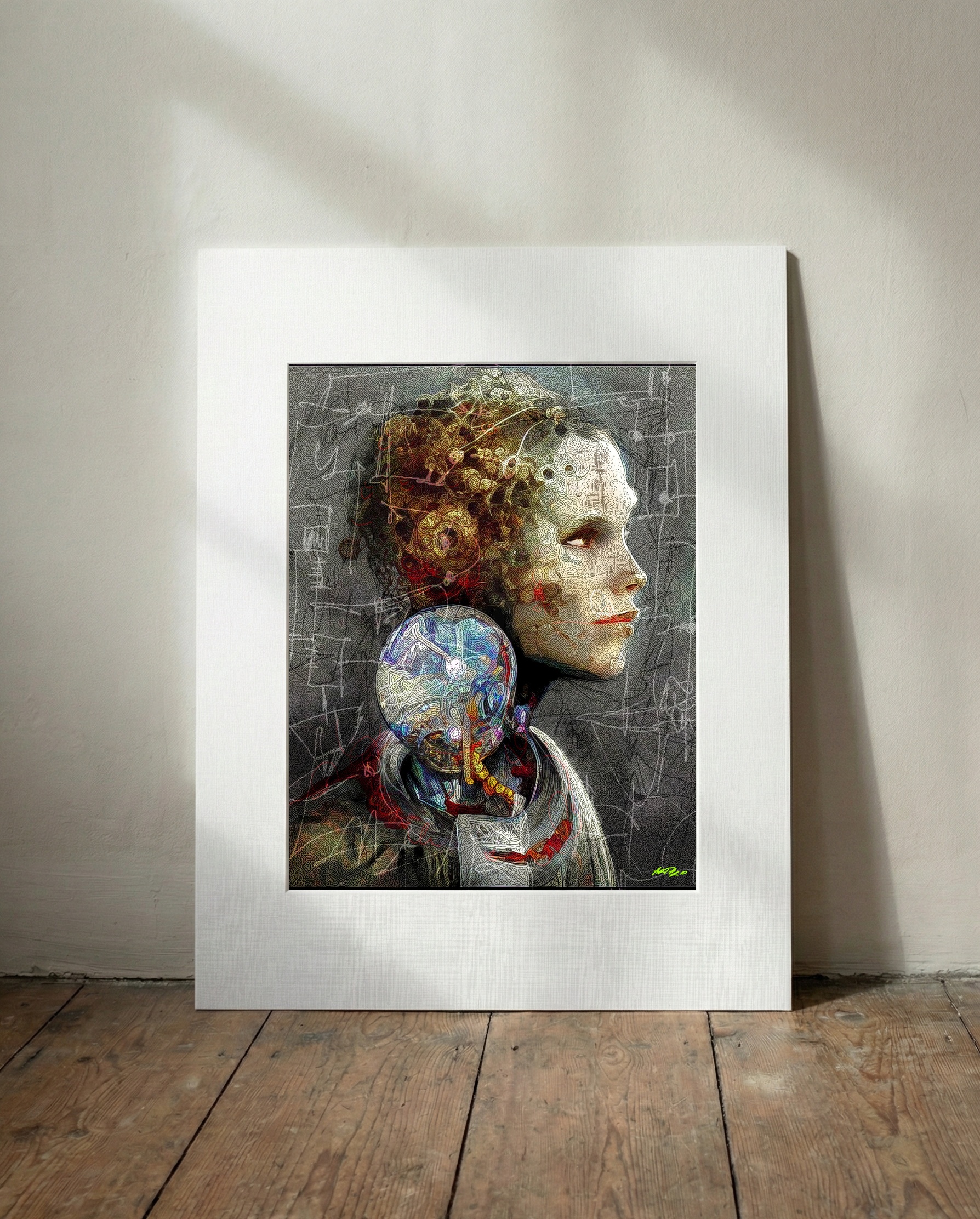 Intricate Brown Faced Woman with Mechanical Arm — art on the wall, room interior preview 3