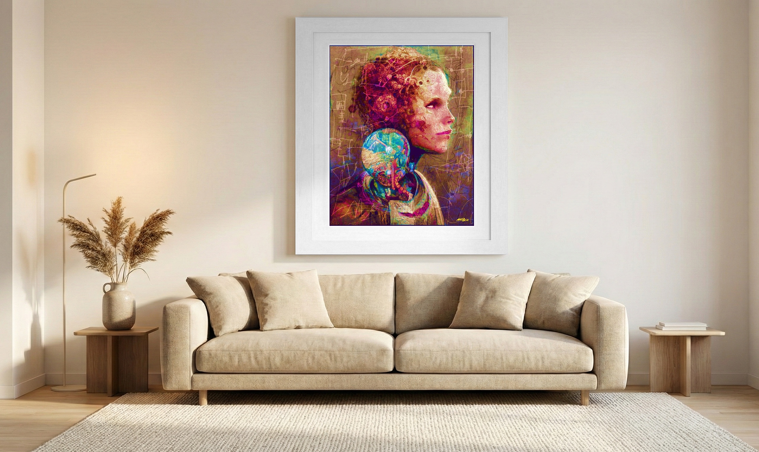 Lillac Woman with Geometric Details — art on the wall, room interior preview 1
