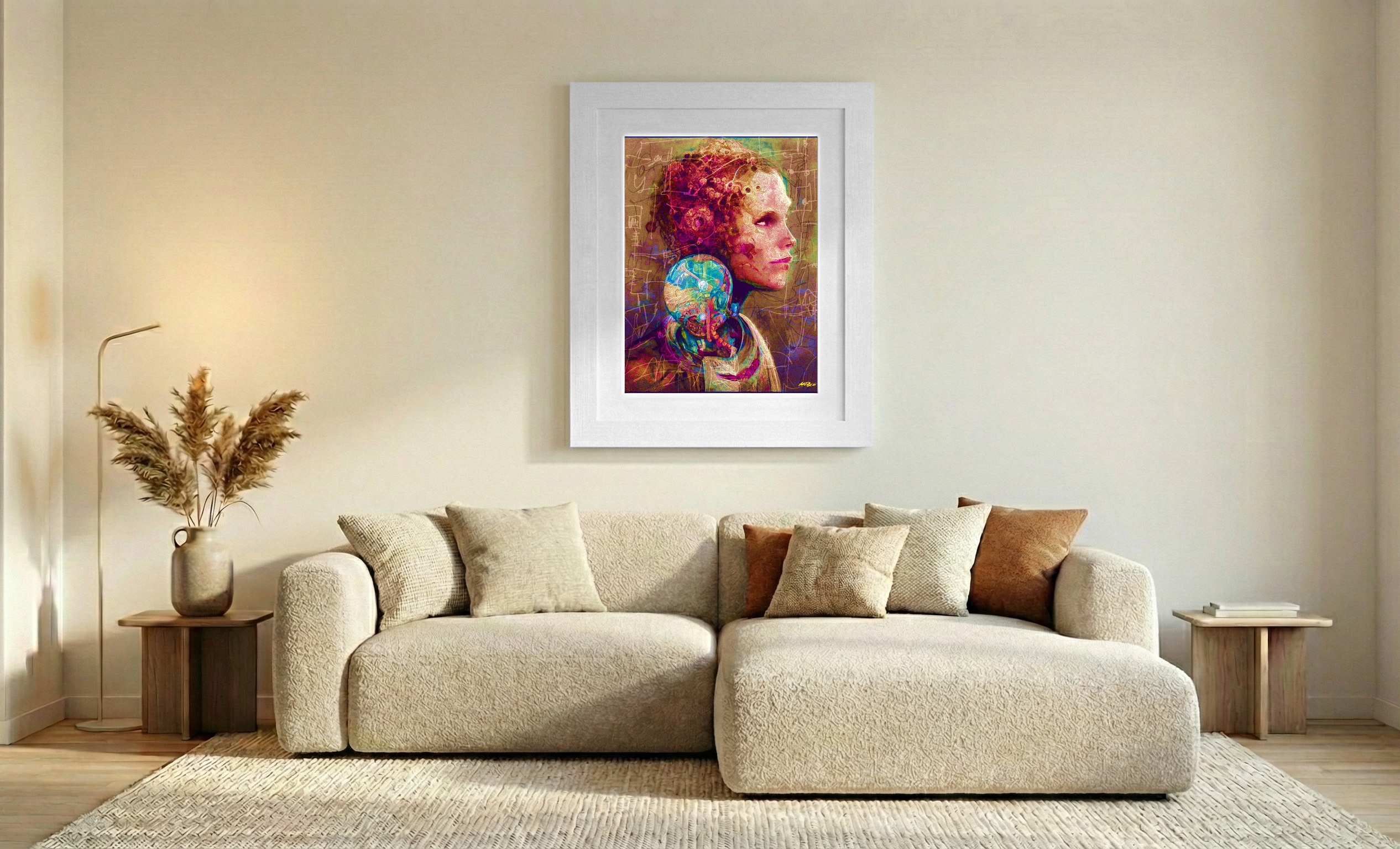 Lillac Woman with Geometric Details — art on the wall, room interior preview 2
