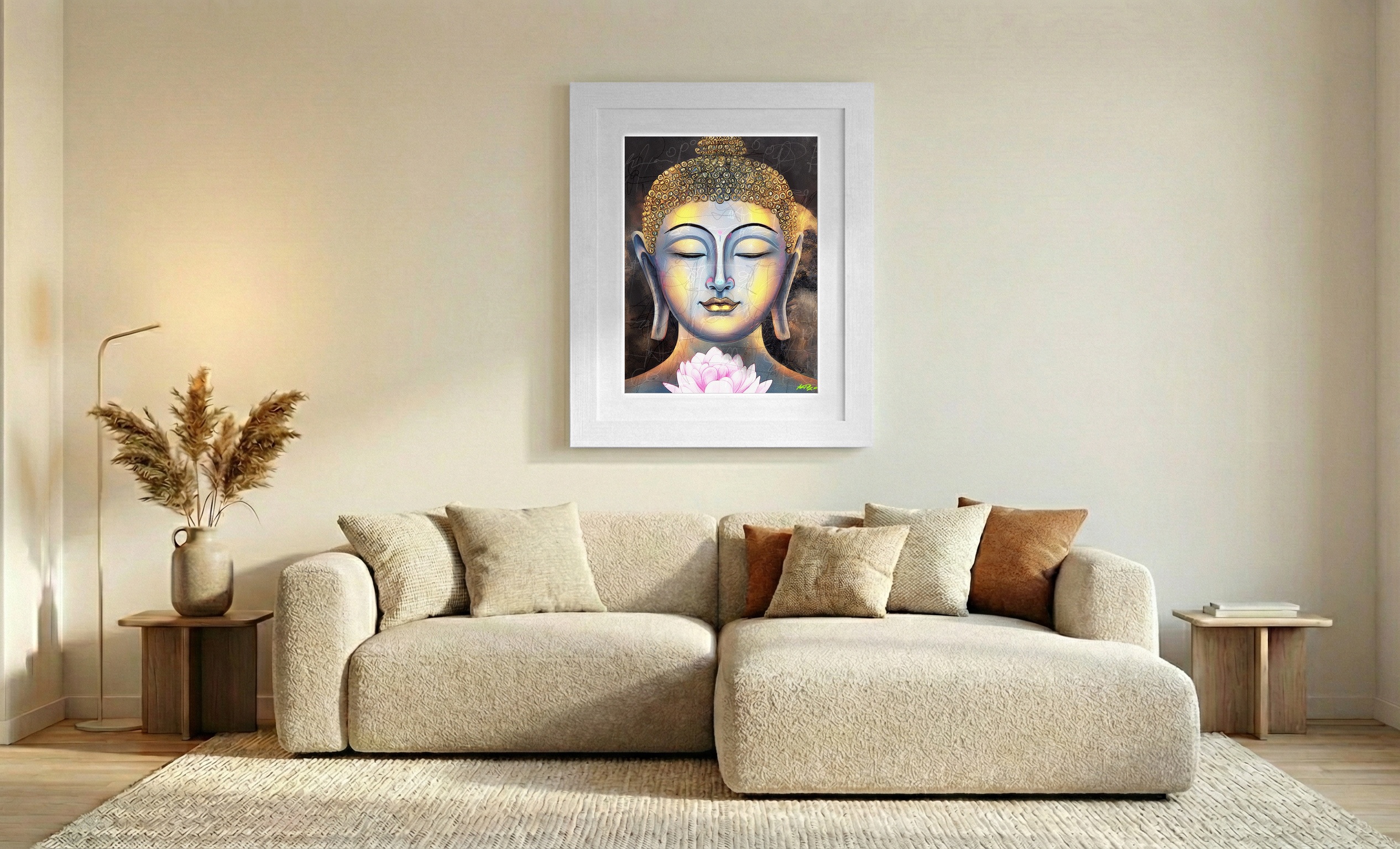 Golden Buddha with Pink Lotus Digital Art — art on the wall, room interior preview 2