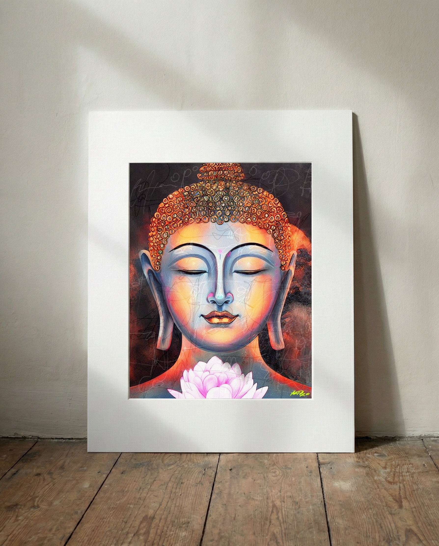 Soft Teal and Red Buddha Digital Art — art on the wall, room interior preview 3