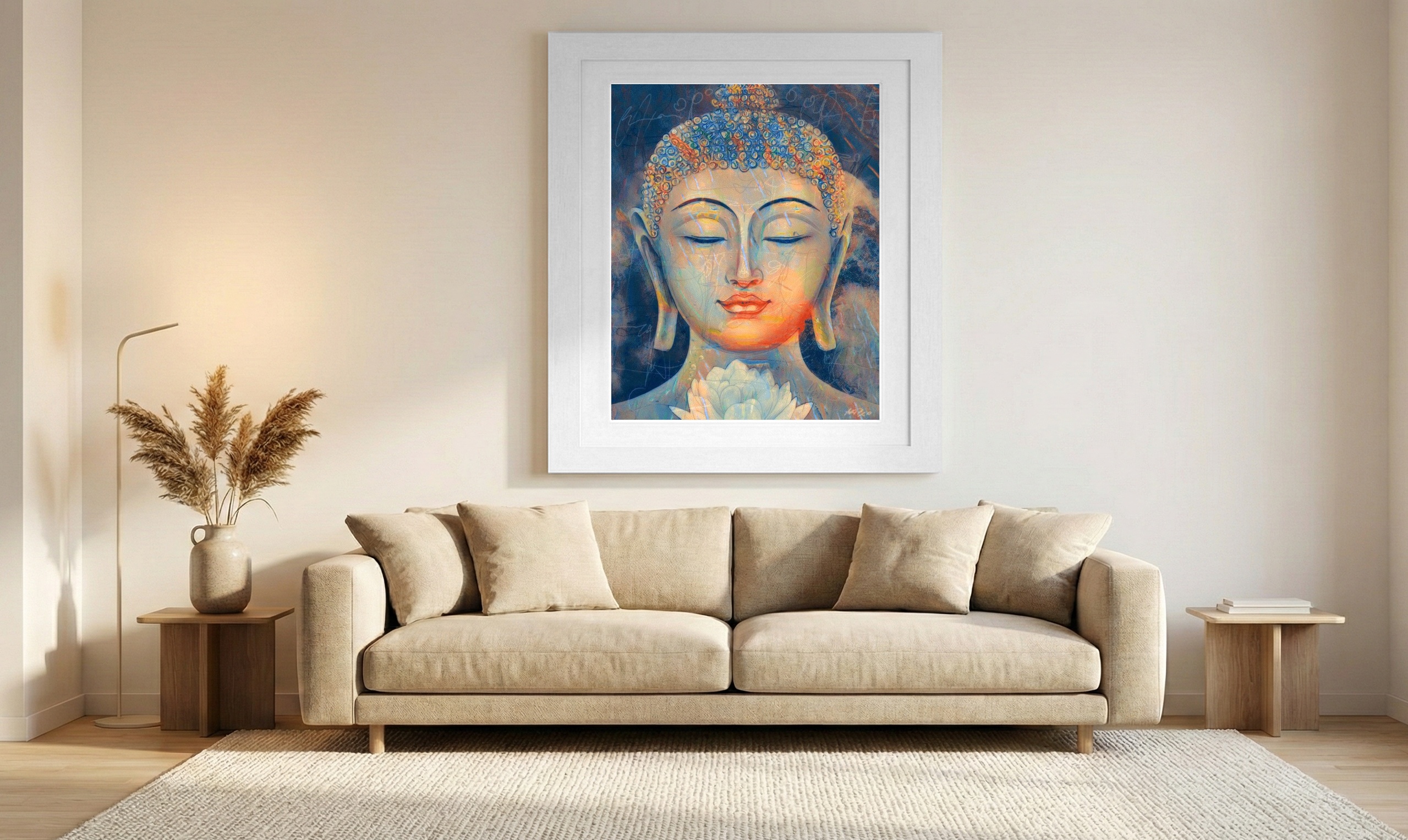 Peaceful Buddha in Blue and Orange — art on the wall, room interior preview 1
