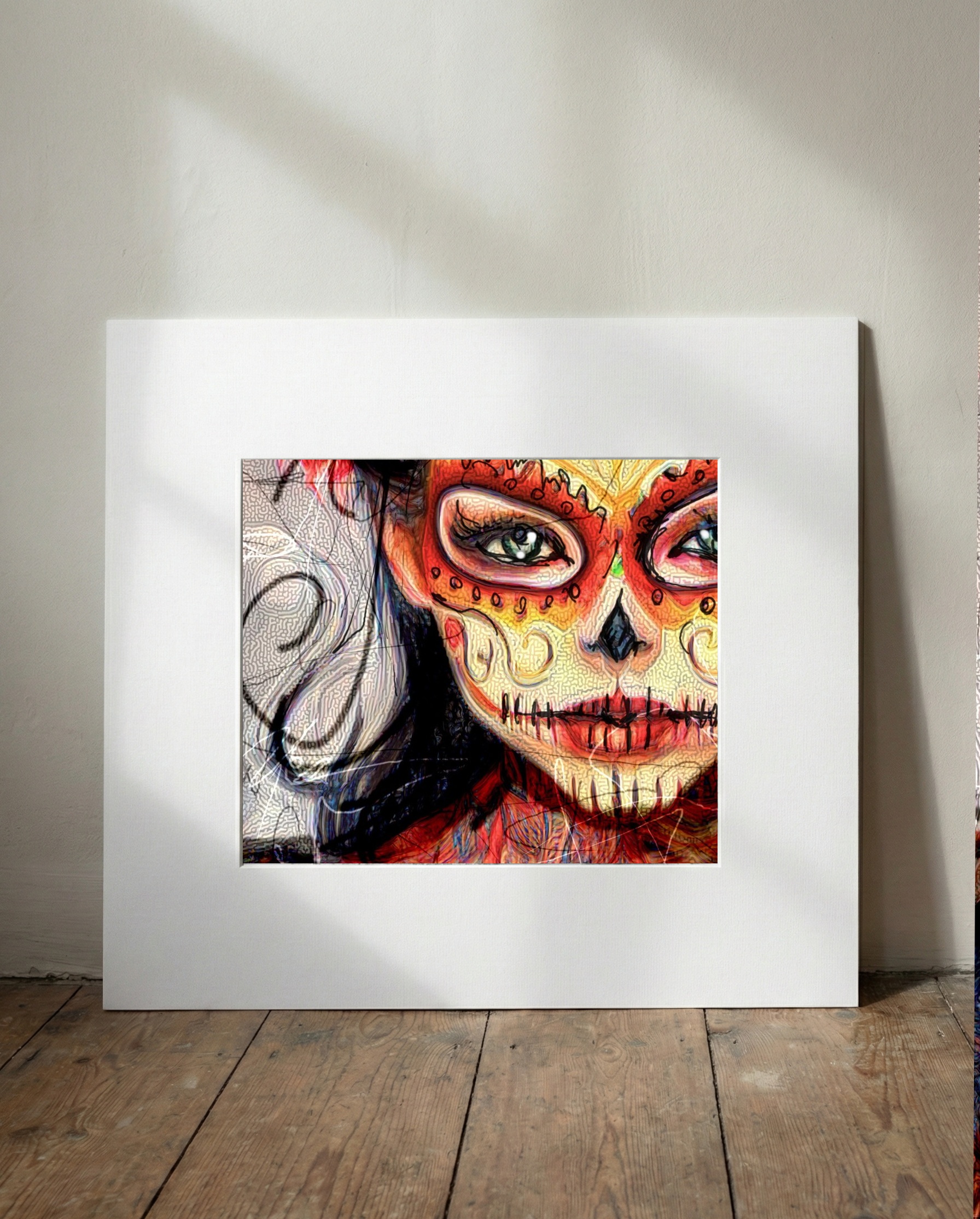 Vivid Día de los Muertos Woman Digital Art — art on the wall, room interior preview 1