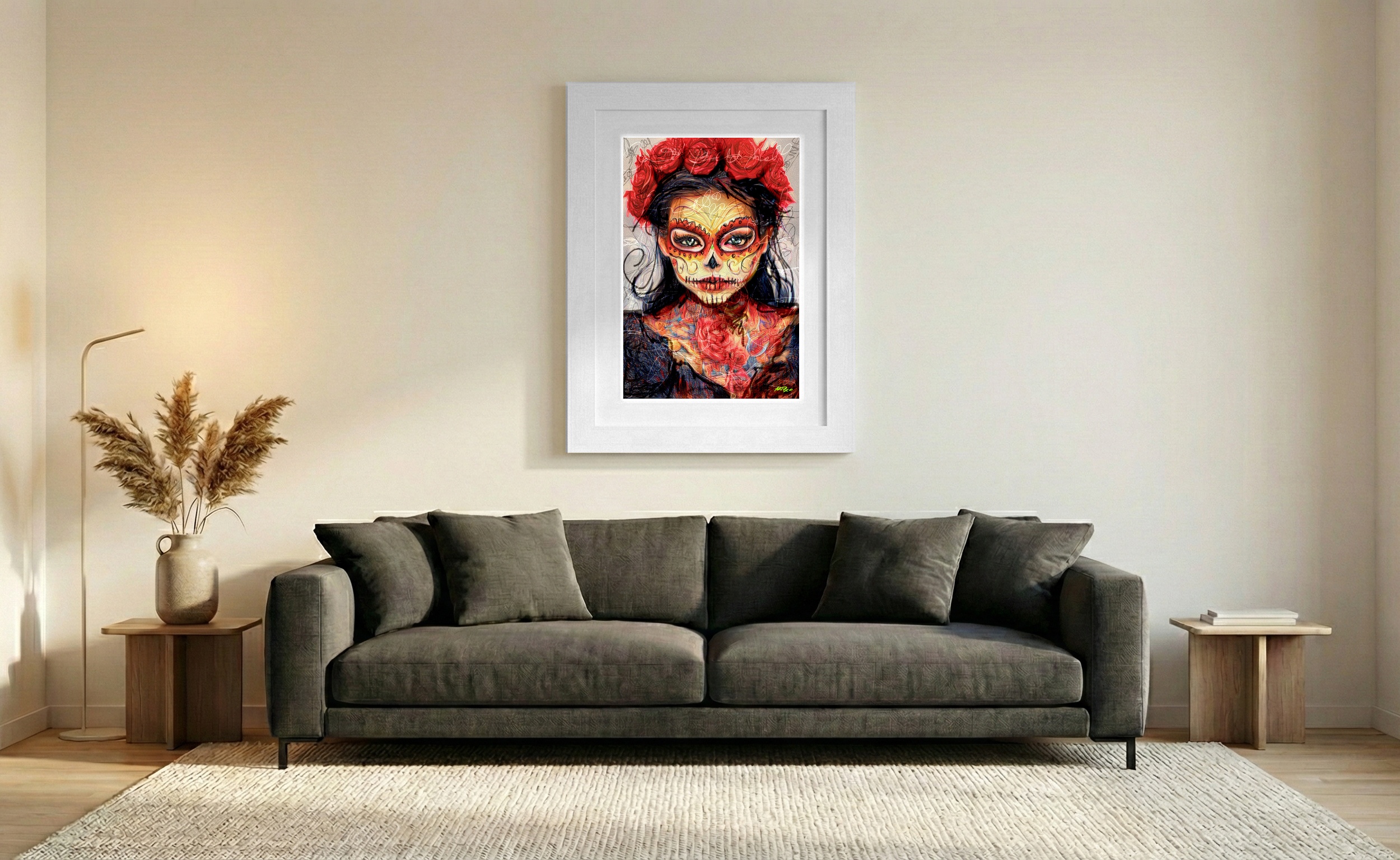 Vivid Día de los Muertos Woman Digital Art — art on the wall, room interior preview 2