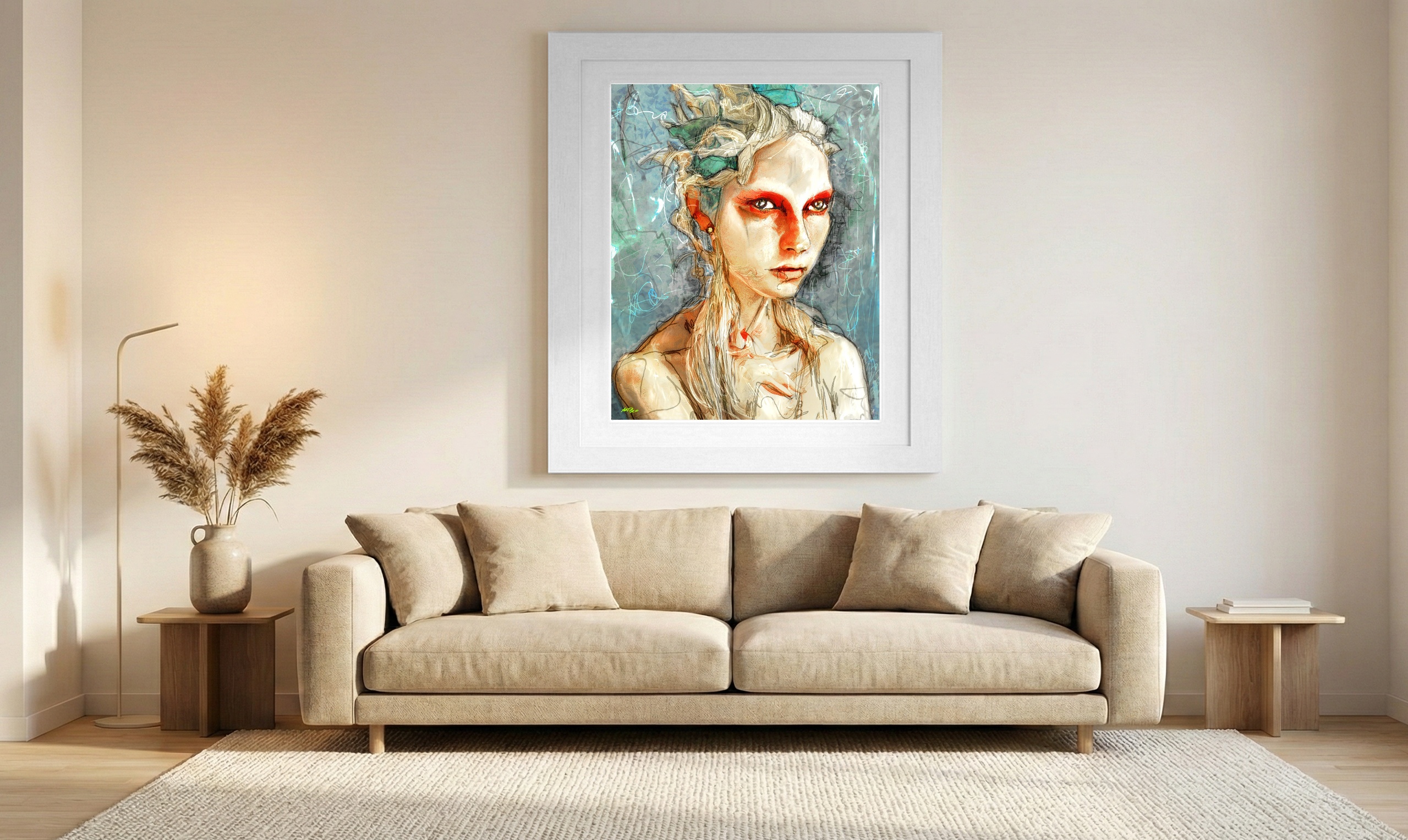 Albino Woman with Red Eyes Digital Art — art on the wall, room interior preview 1