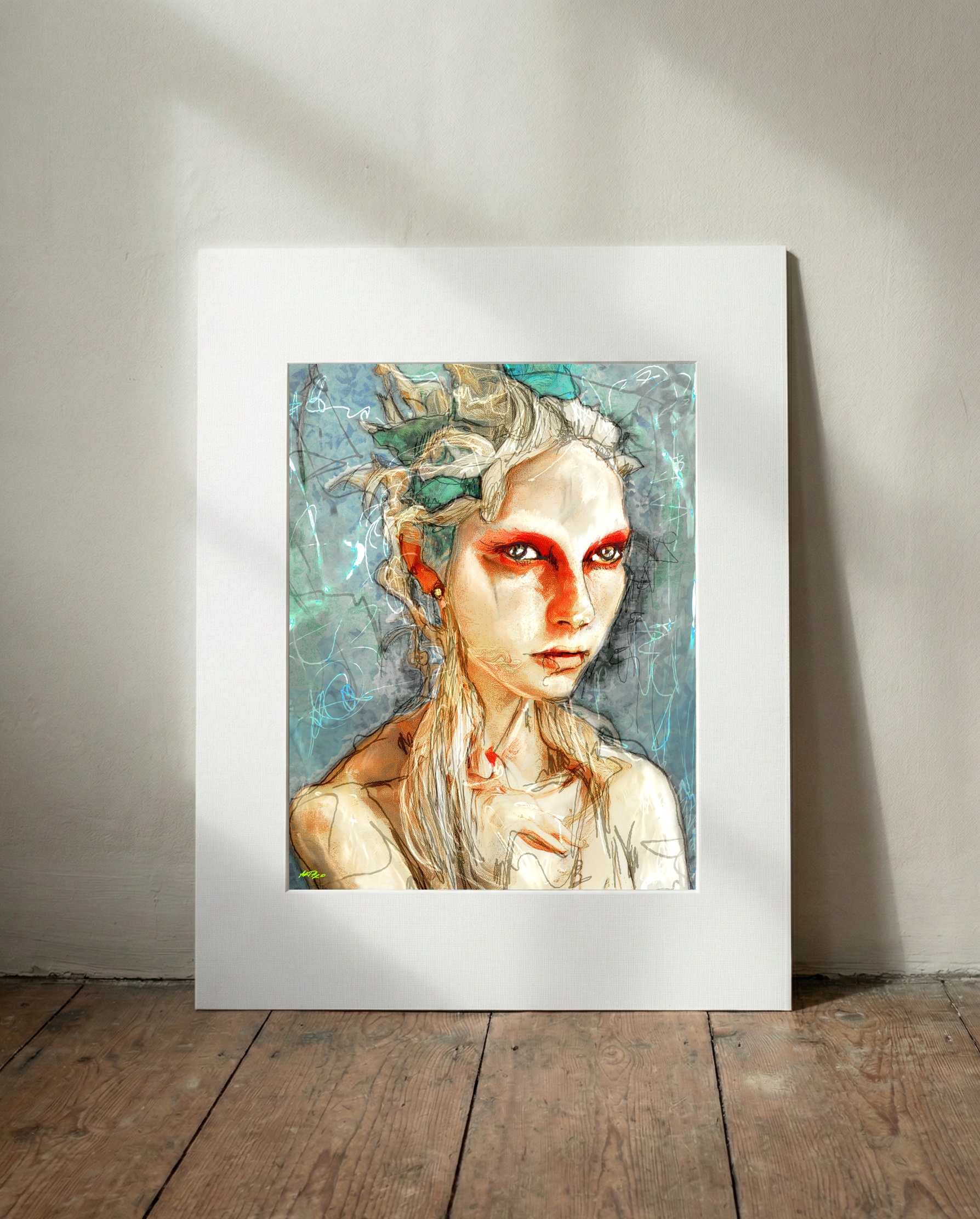 Albino Woman with Red Eyes Digital Art — art on the wall, room interior preview 3