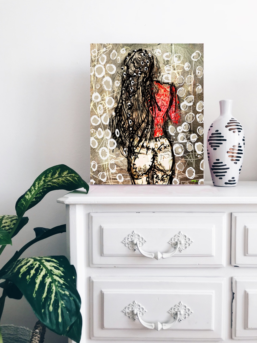 Long Haired Girl in Red Digital Art — art on the wall, room interior preview 3