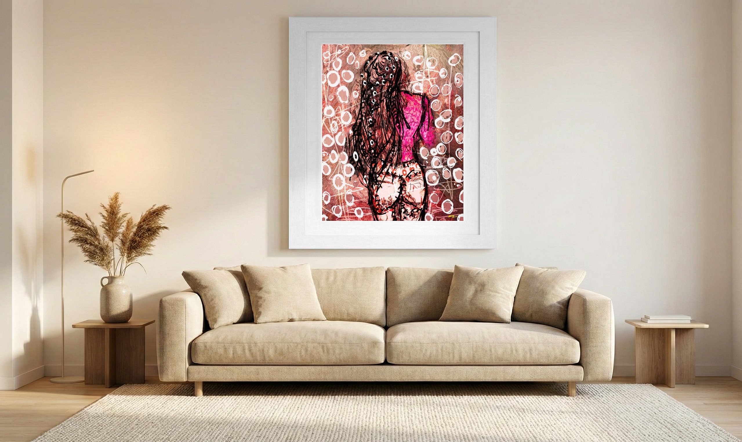 Graceful Pink Girl with Long Hair Digital Art — art on the wall, room interior preview 1