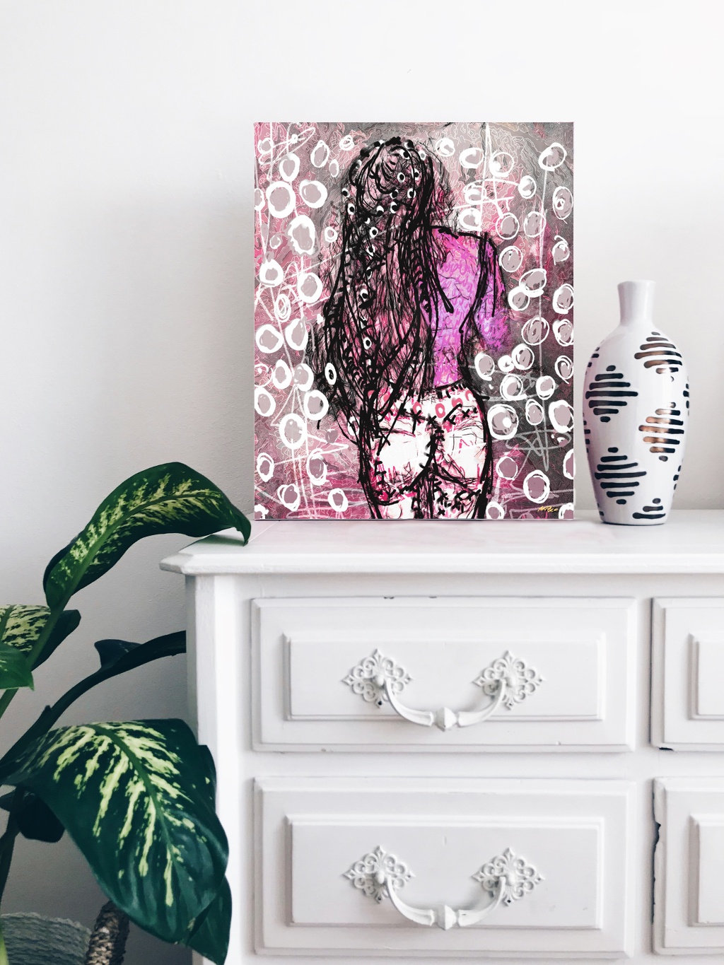 Vibrant Pink Hair Digital Art — art on the wall, room interior preview 3