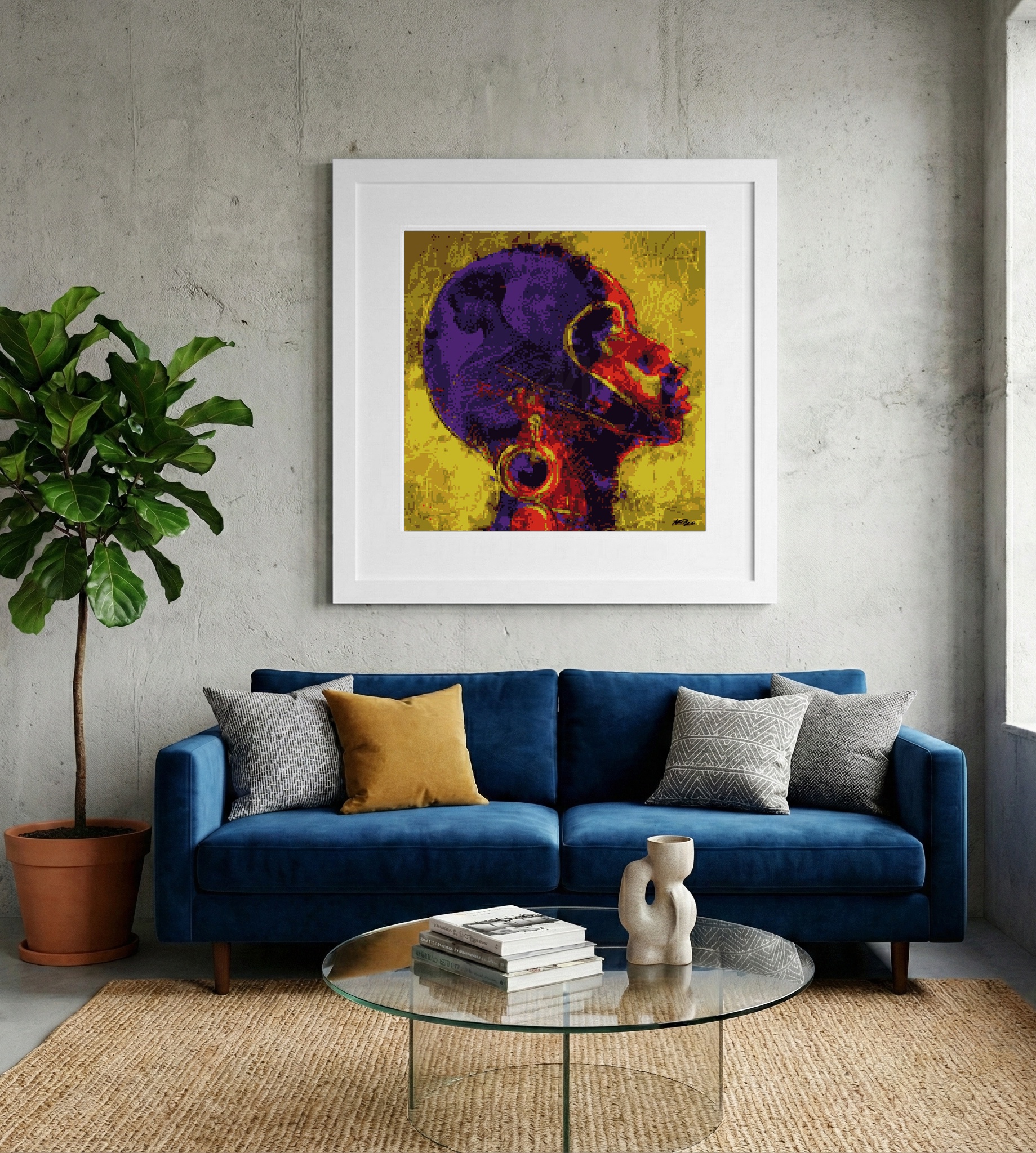 Pixelated Portrait in Black and Magenta — art on the wall, room interior preview 2