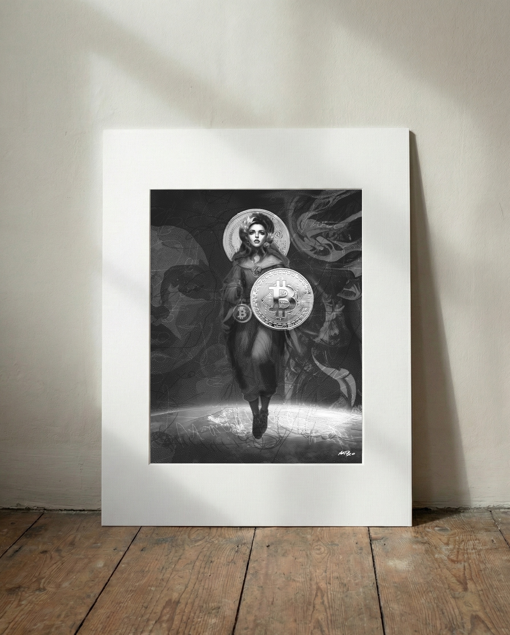 Monochrome Bitcoin Vision Digital Painting — art on the wall, room interior preview 3