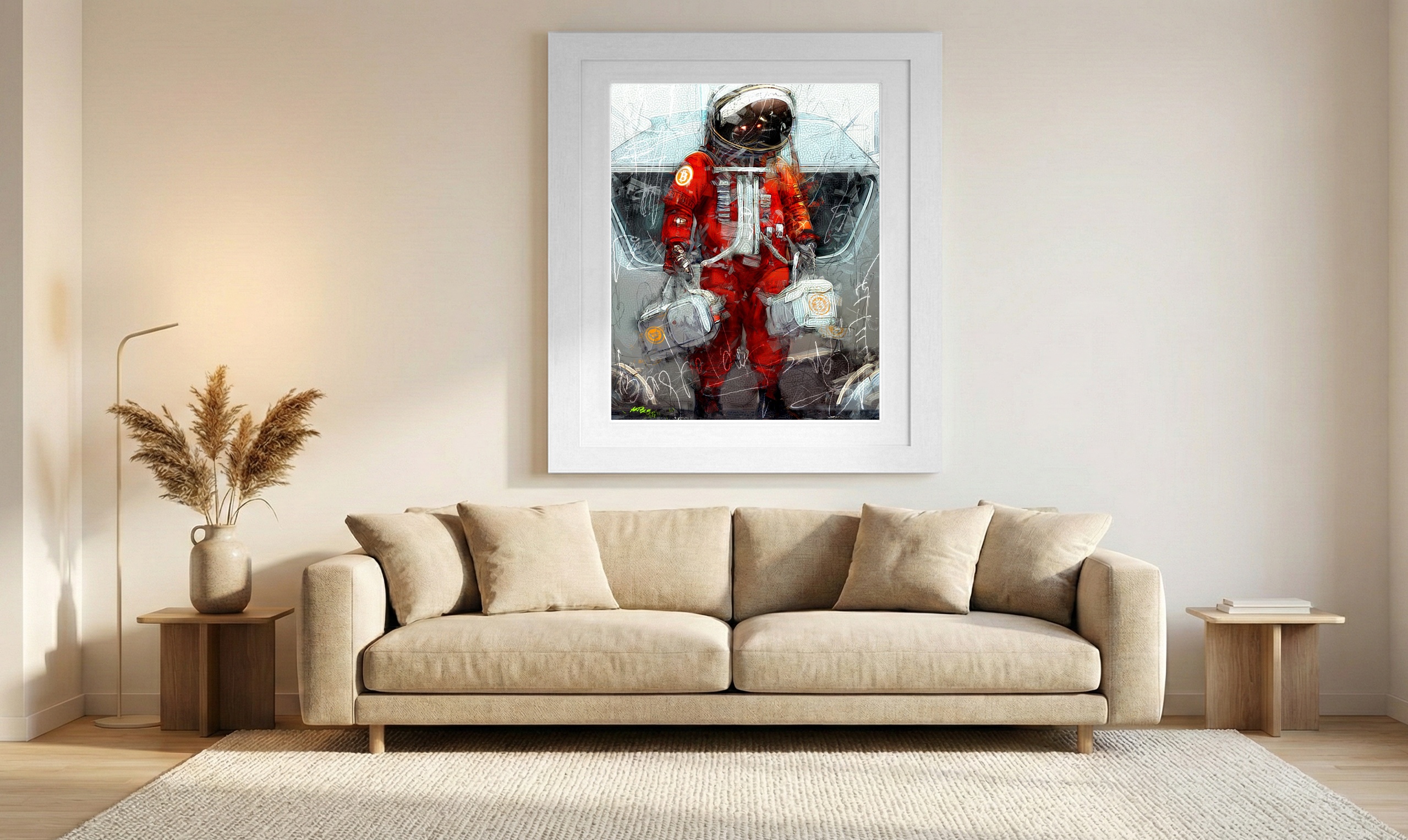 Vibrant Red Astronaut Digital Creation — art on the wall, room interior preview 1