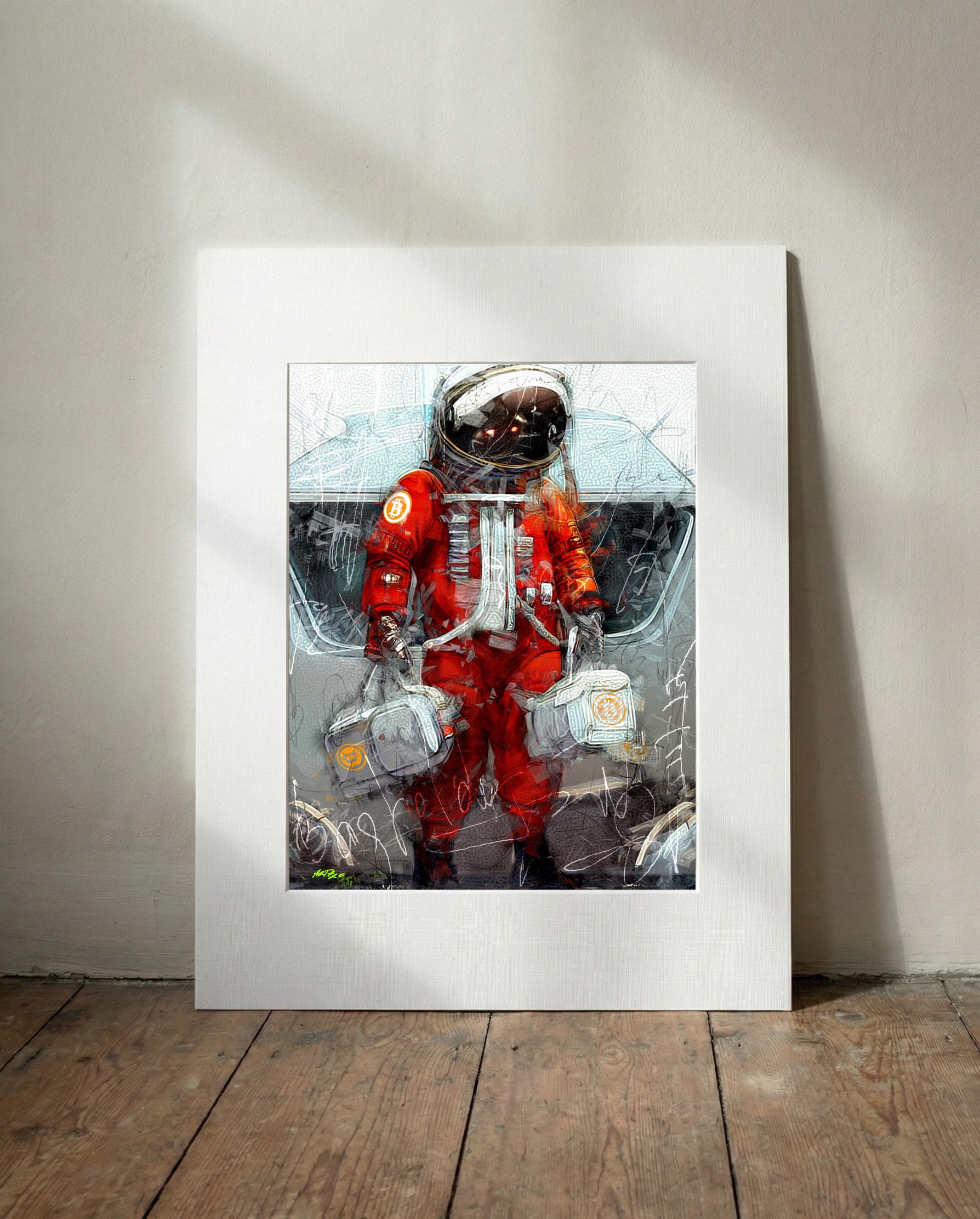 Vibrant Red Astronaut Digital Creation — art on the wall, room interior preview 3