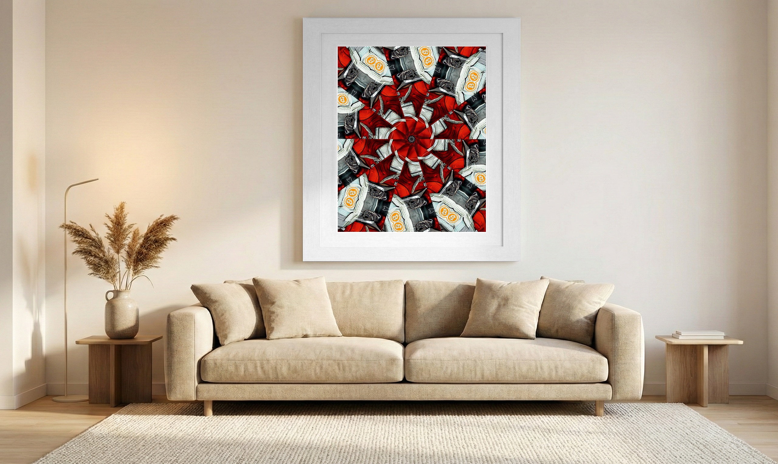 Dynamic Red and Gray Kaleidoscope Digital Art — art on the wall, room interior preview 1