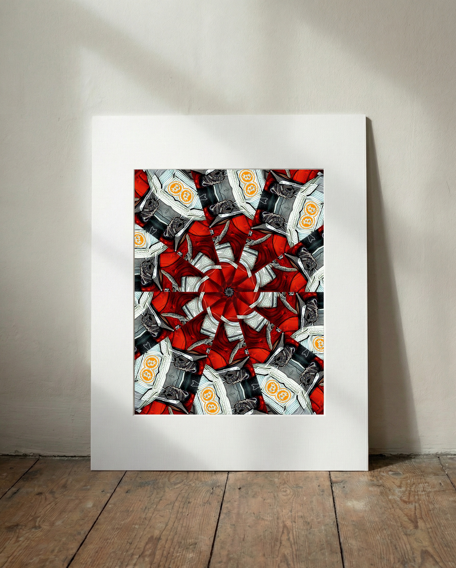 Dynamic Red and Gray Kaleidoscope Digital Art — art on the wall, room interior preview 3
