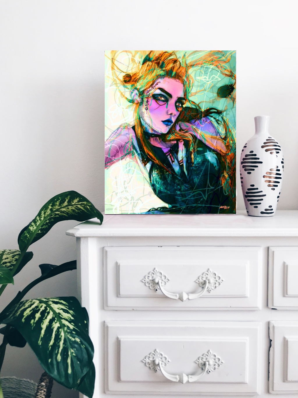 Dynamic Orange Hair Digital Portrait — art on the wall, room interior preview 1
