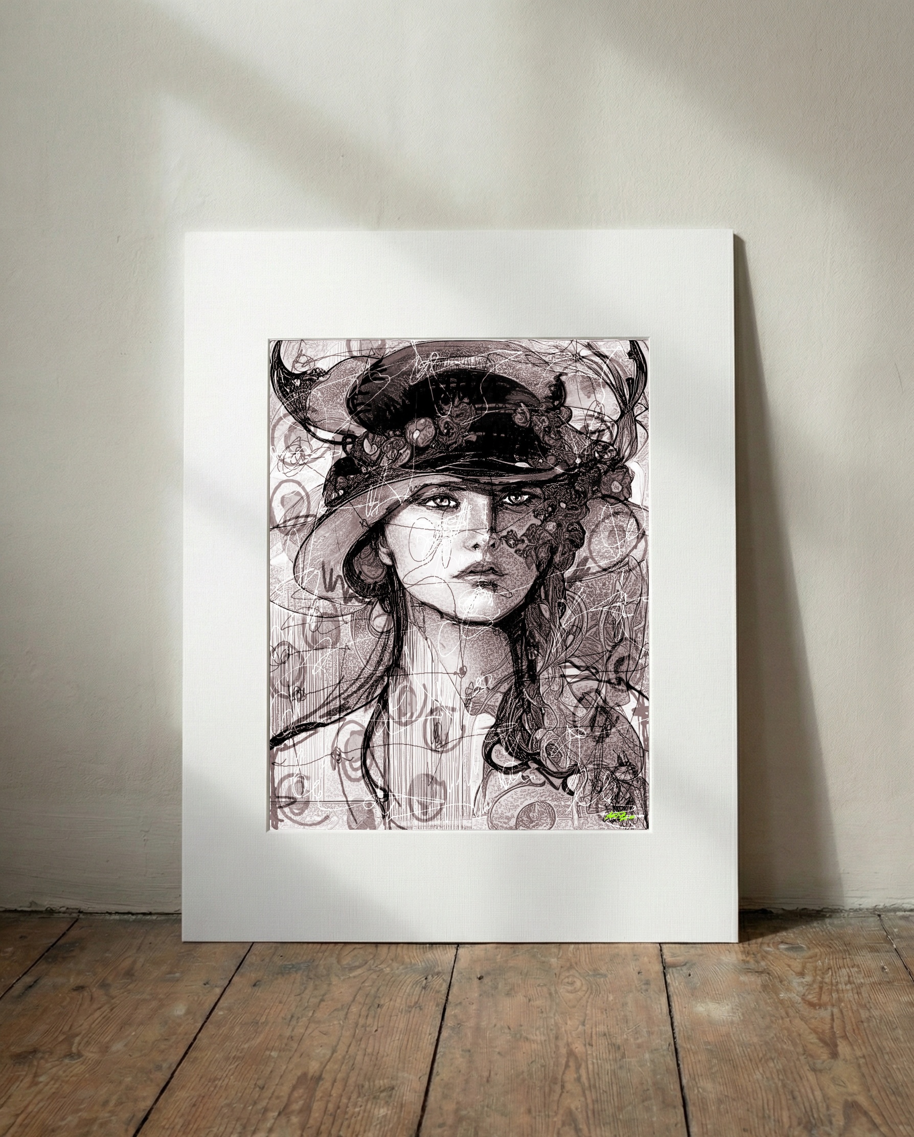 Muted Brown Woman in Hat Portrait — art on the wall, room interior preview 3